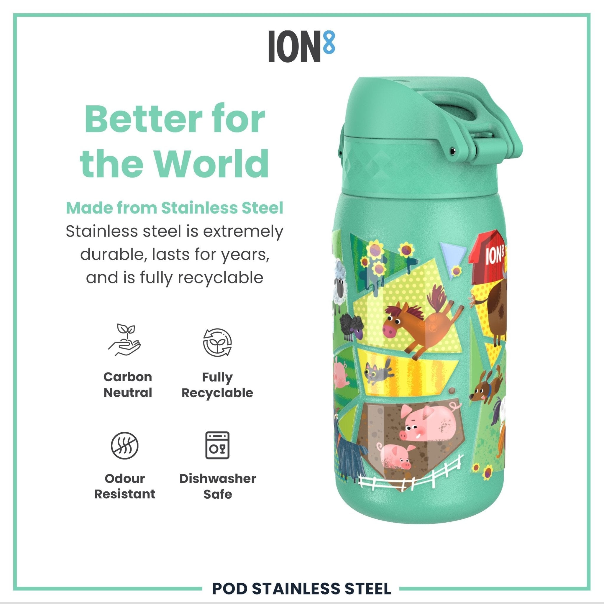 ION8 stainless steel kids water bottle with farming animal designs, leak-proof 400ml (13oz) capacity, colorful and durable for children.