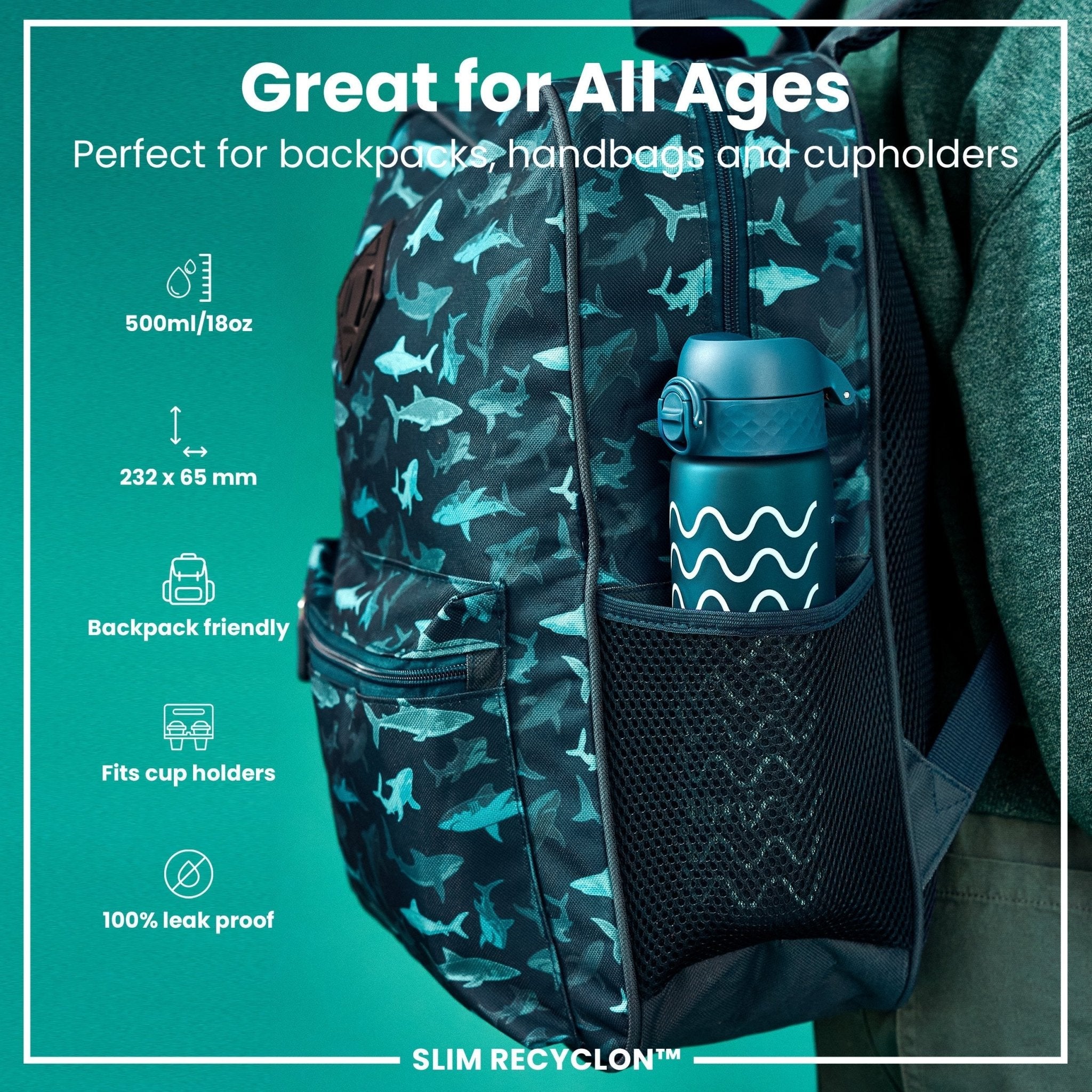 Ion8 Leak Proof Slim Water Bottle with Waves design, 500ml Recyclon water bottle, durable and eco-friendly hydration option
