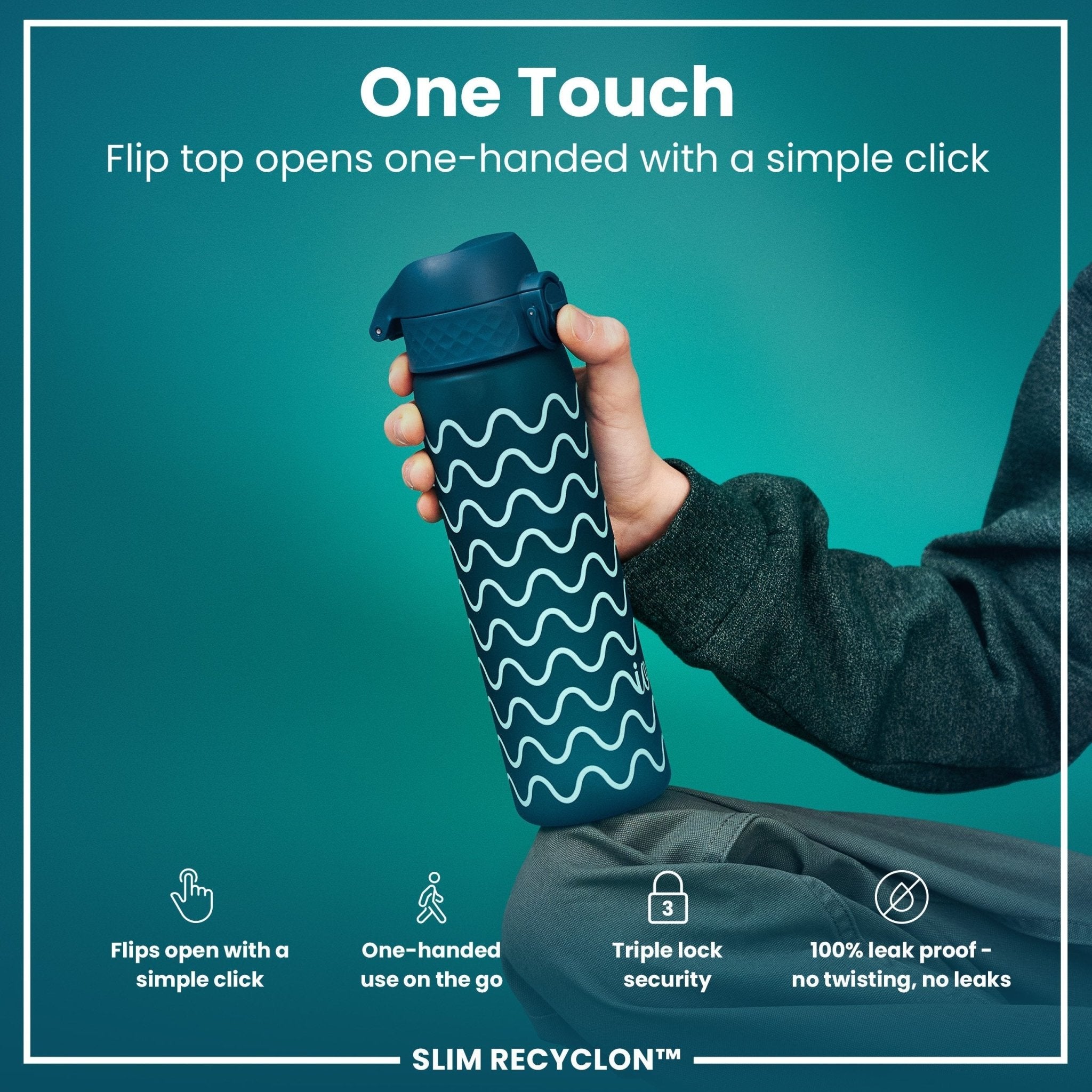Ion8 Leak Proof Slim Water Bottle with Waves design, 500ml (18oz), made from Recyclon material, featuring a secure lid and sleek shape.