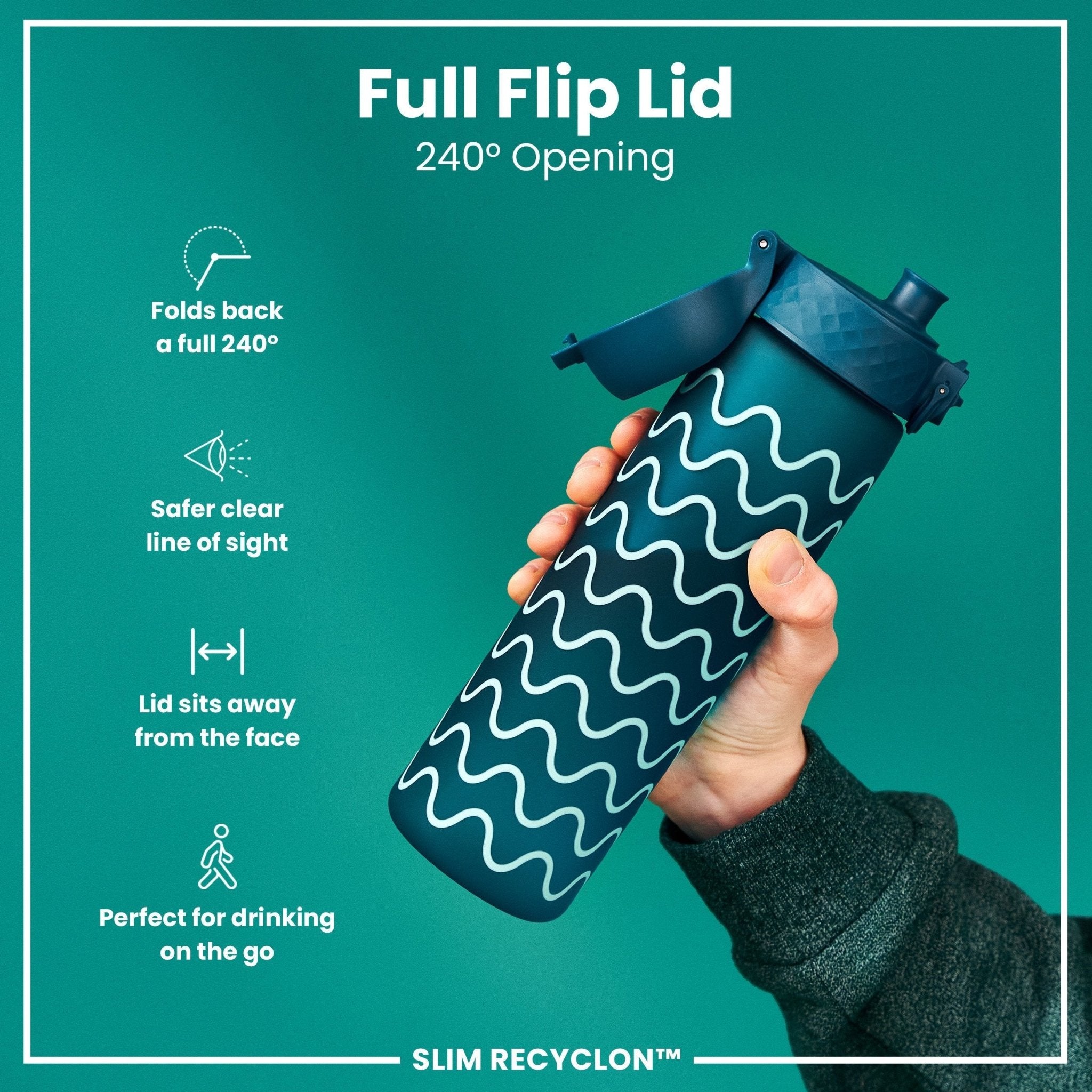 ION8 Recyclon leak-proof slim water bottle with wave design, 500ml (18oz) capacity, made of recyclable materials.