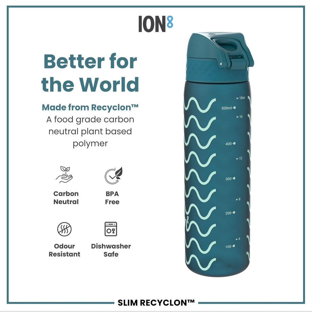 Ion8 Leak Proof Slim Water Bottle with wave design, 500ml capacity, made of recyclable materials, in a sleek, modern style