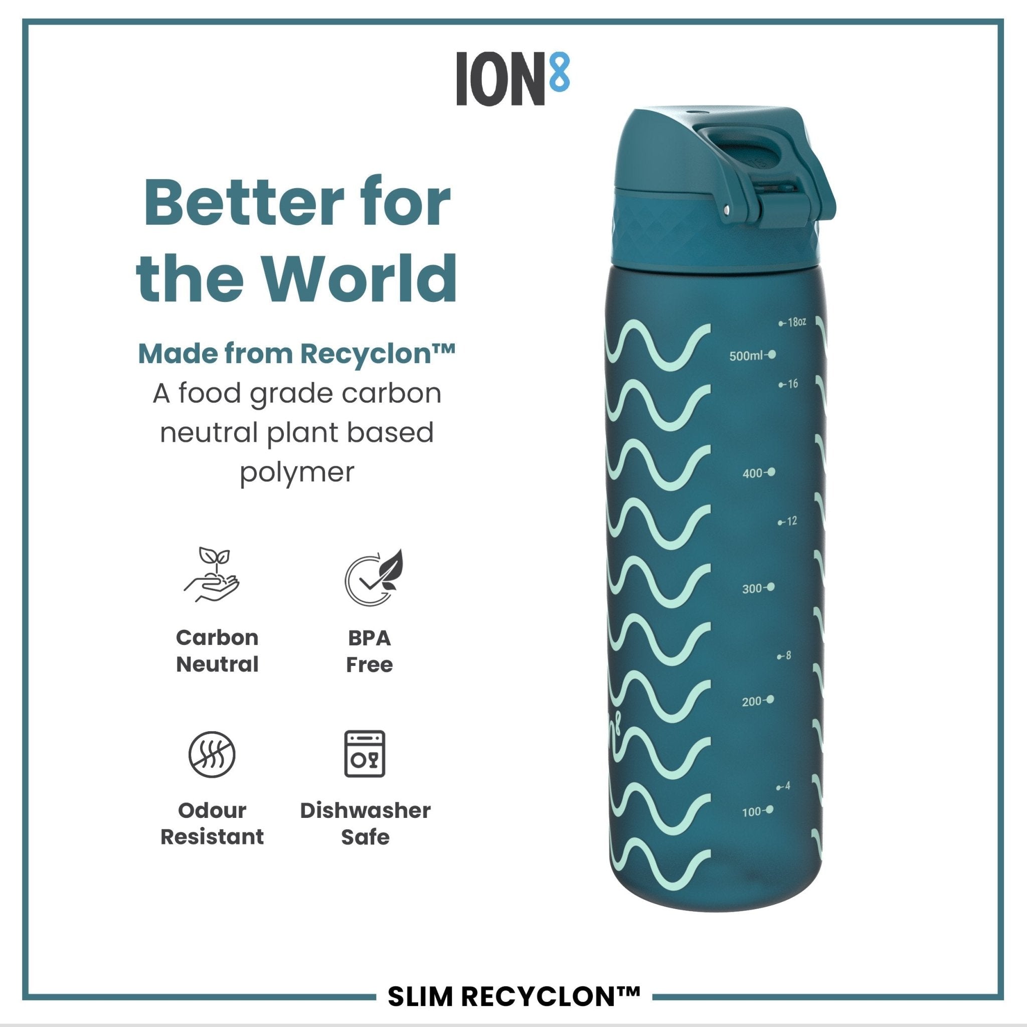 Ion8 Leak Proof Slim Water Bottle with wave design, 500ml capacity, made of recyclable materials, in a sleek, modern style