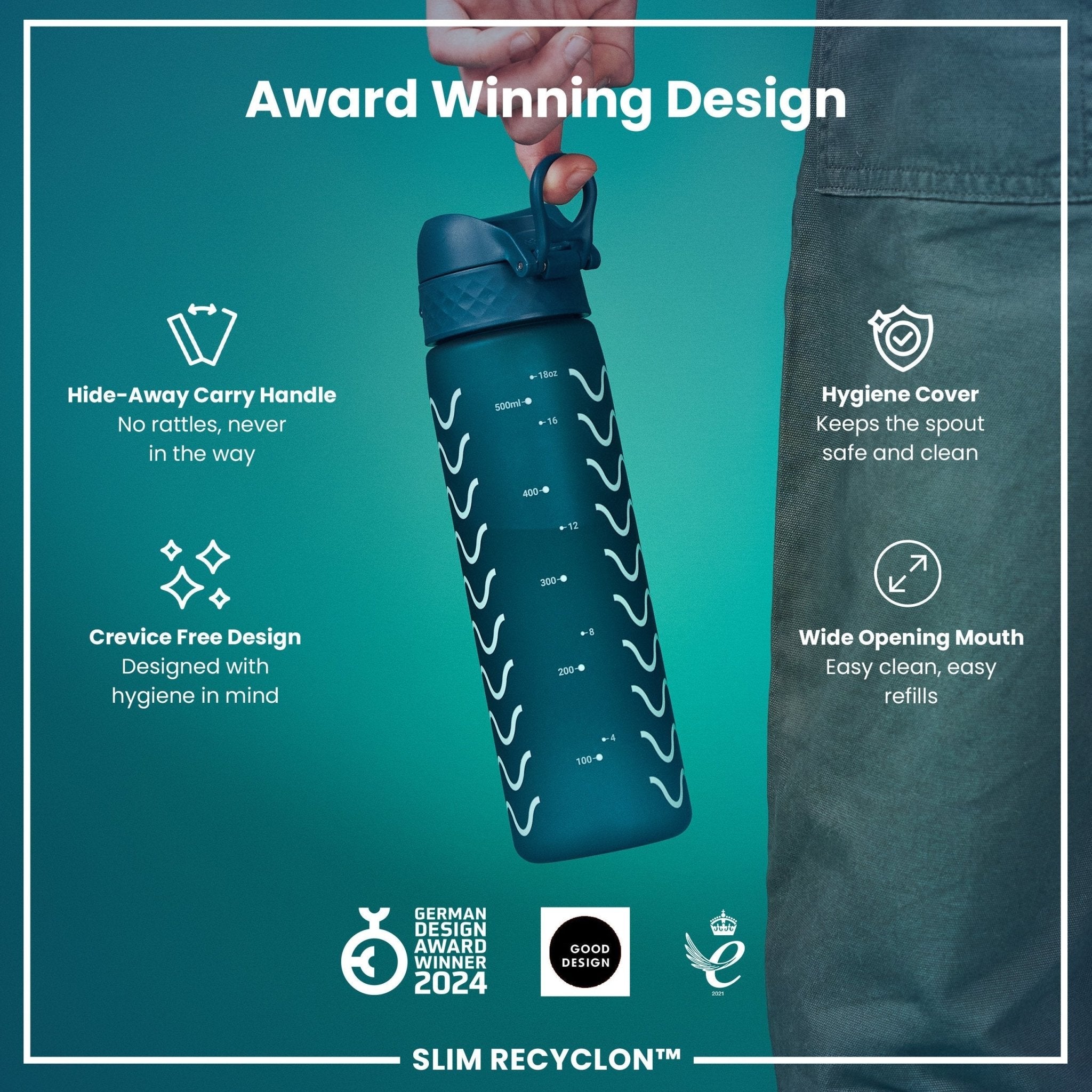 Ion8 Leak Proof Slim Water Bottle with Waves design, 500ml (18oz), recyclable Recyclon water bottle, durable and portable.