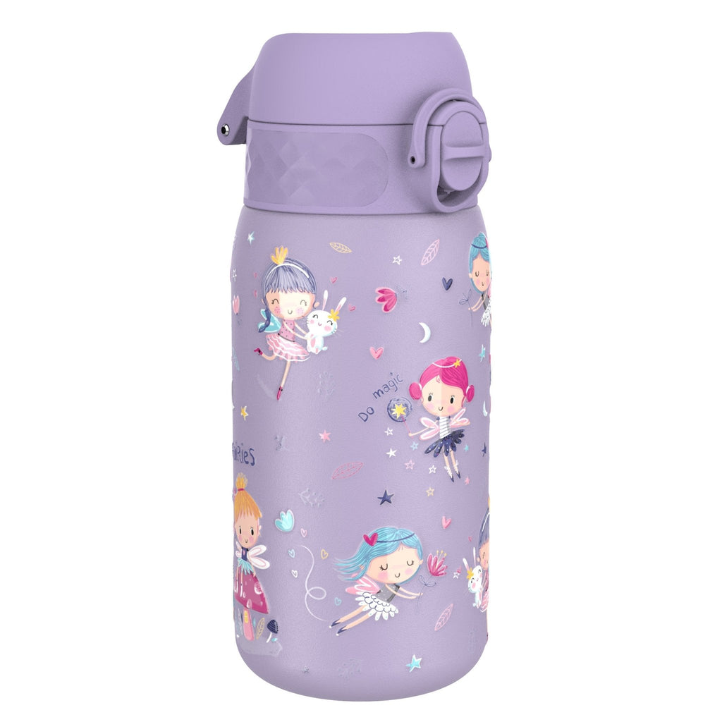 Ion8 stainless steel leak-proof kids water bottle with fairy design, 400ml capacity, ideal for children.