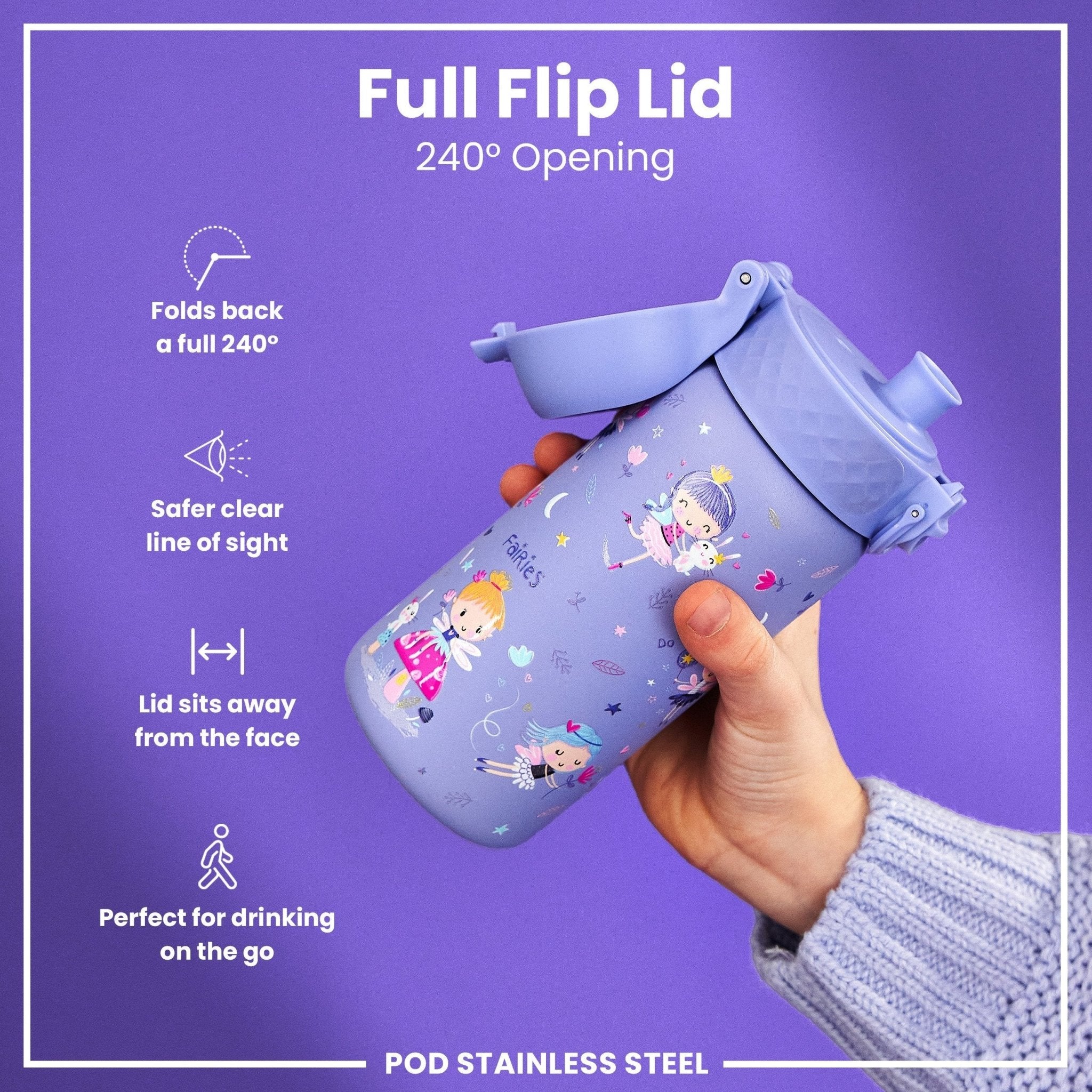 ION8 stainless steel leak-proof kids water bottle with fairy design, 400ml capacity, durable and safe for children.