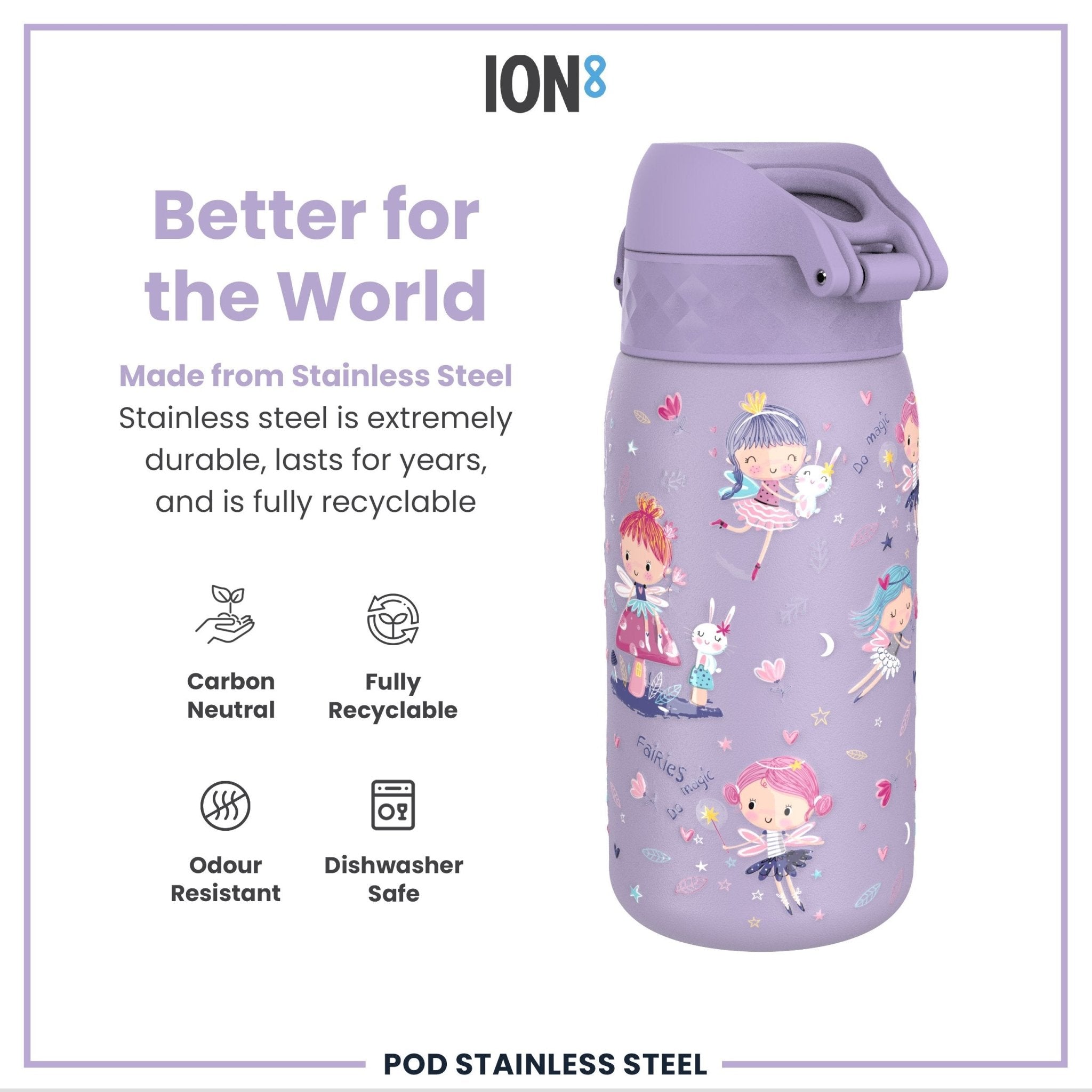 Leak-proof ION8 stainless steel kids water bottle with fairy design, 400ml capacity, ideal for children and durable use.