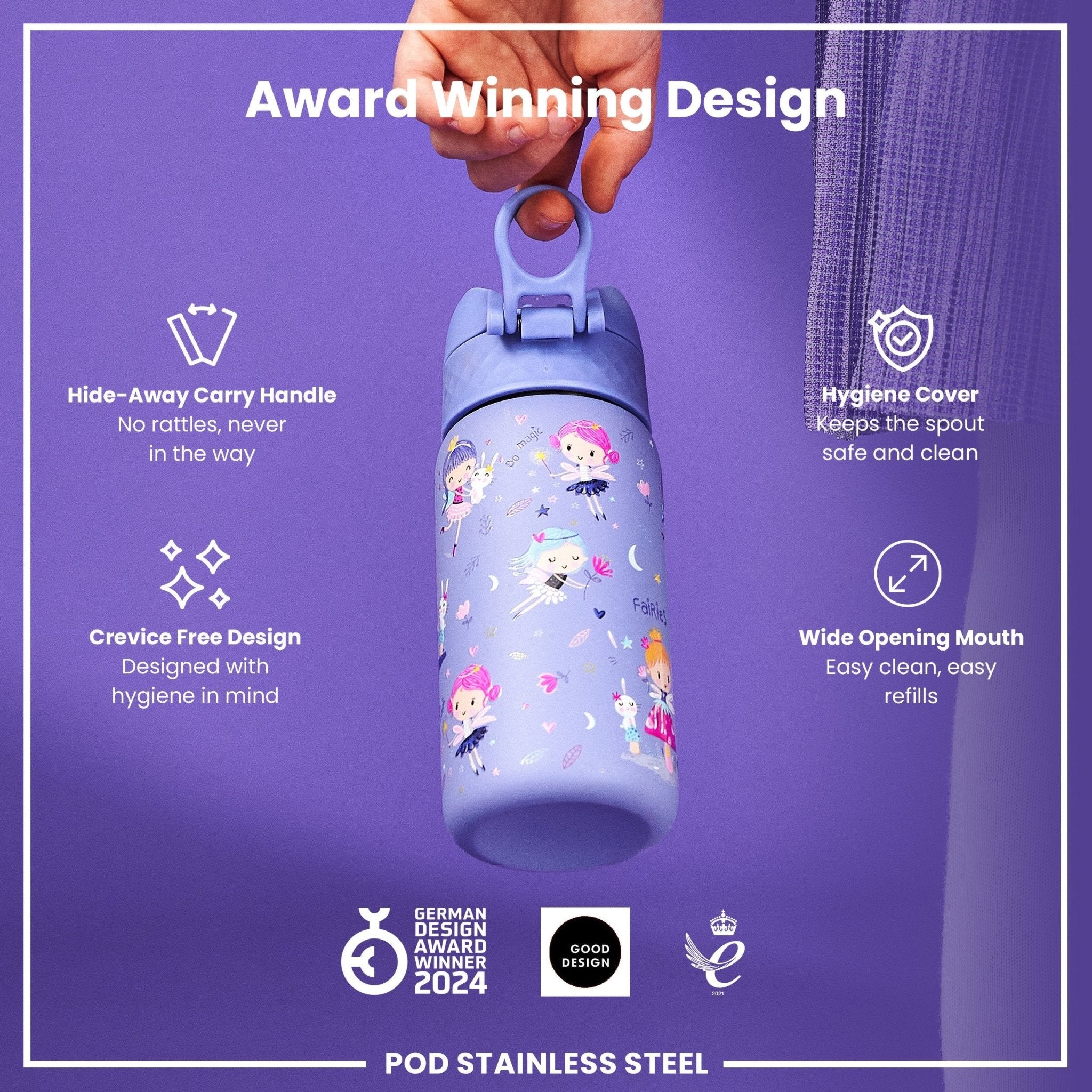 Leak-proof kids' stainless steel water bottle with fairies design, 400ml capacity by ION8, suitable for children.