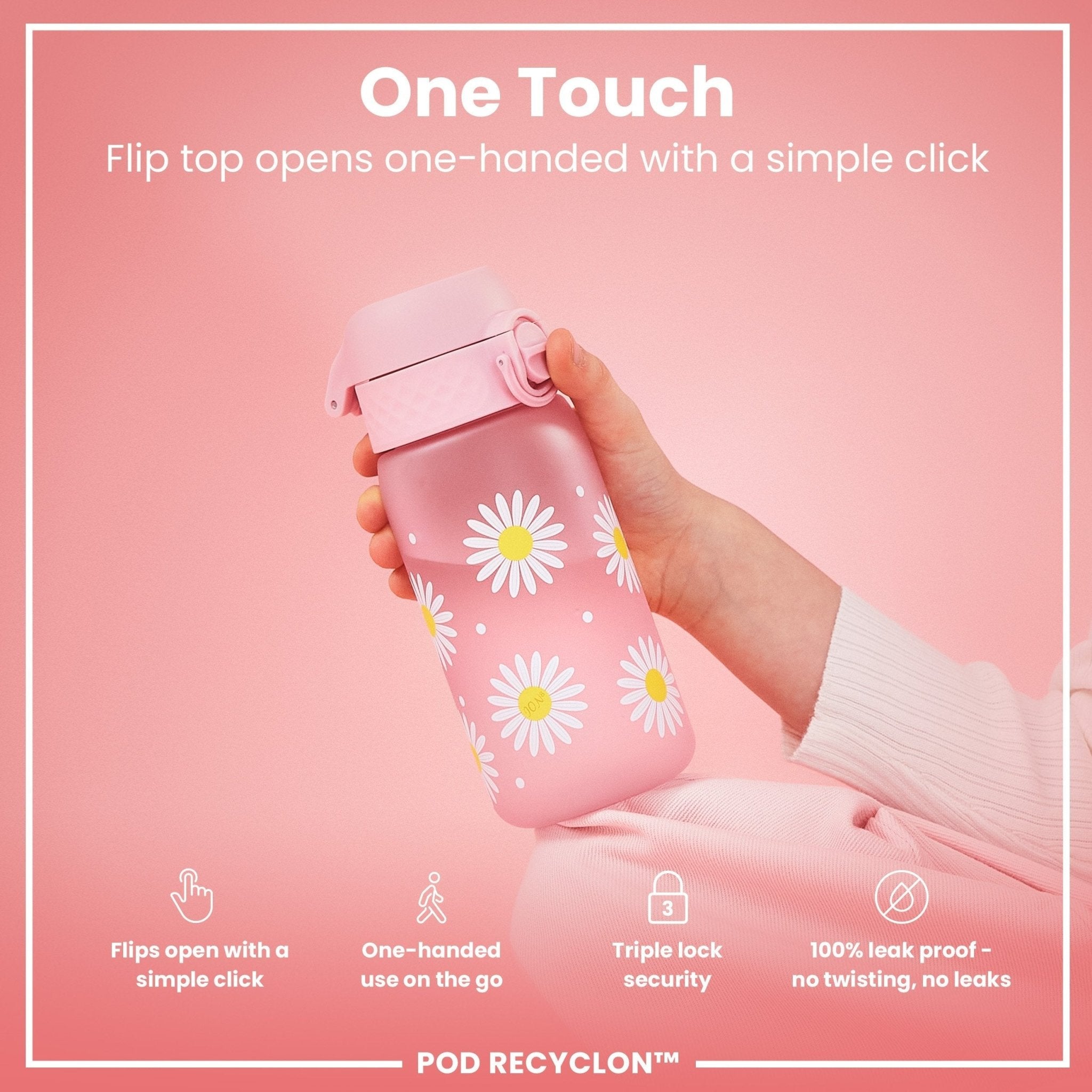 ION8 Recyclon leak-proof kids water bottle with daisy design, 350ml capacity, made from recyclable materials.