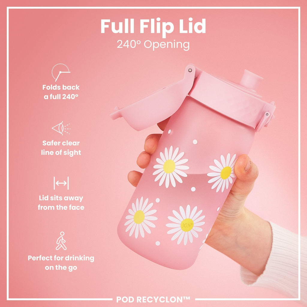 Ion8 leak-proof kids water bottle with daisies design, 350ml Recyclon water bottle for children, durable and eco-friendly.