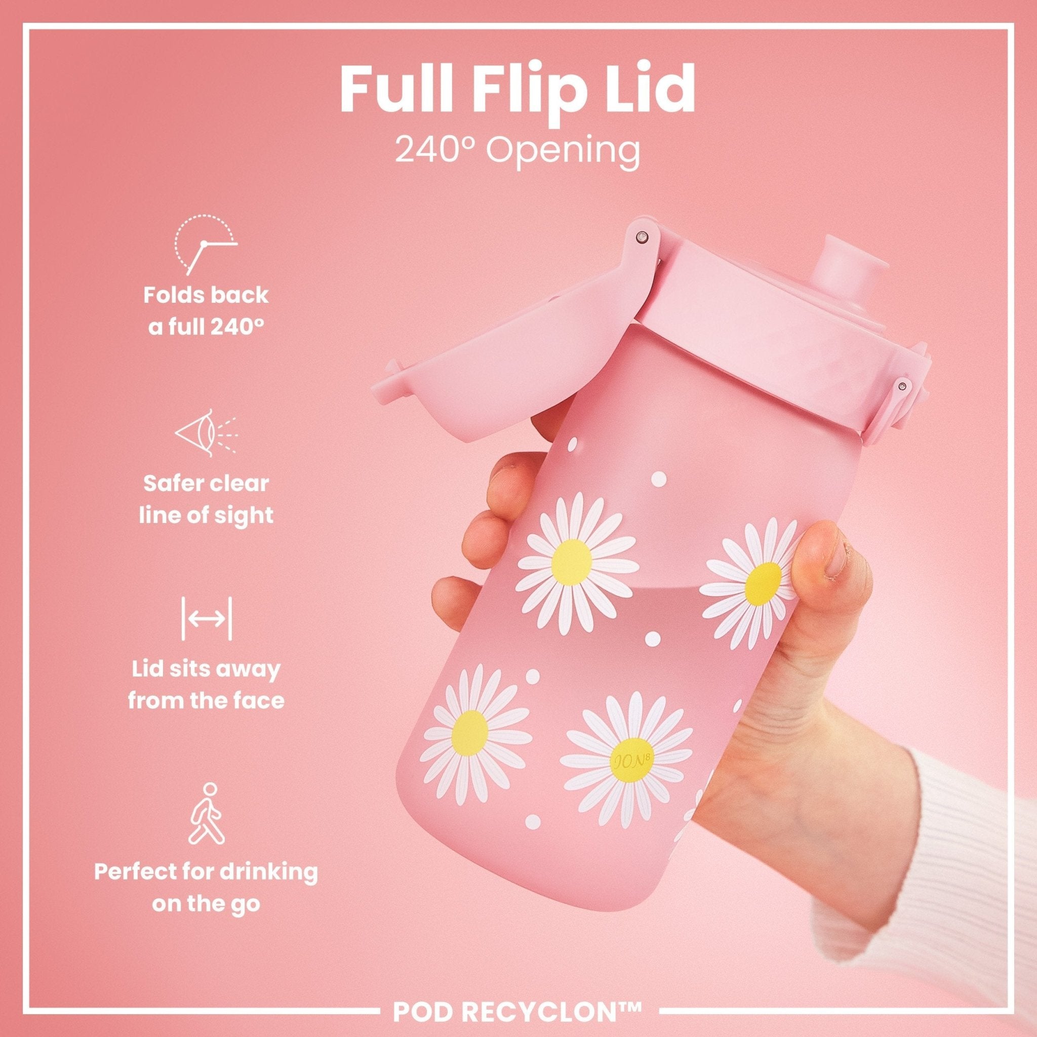 Ion8 leak-proof kids water bottle with daisies design, 350ml Recyclon water bottle for children, durable and eco-friendly.