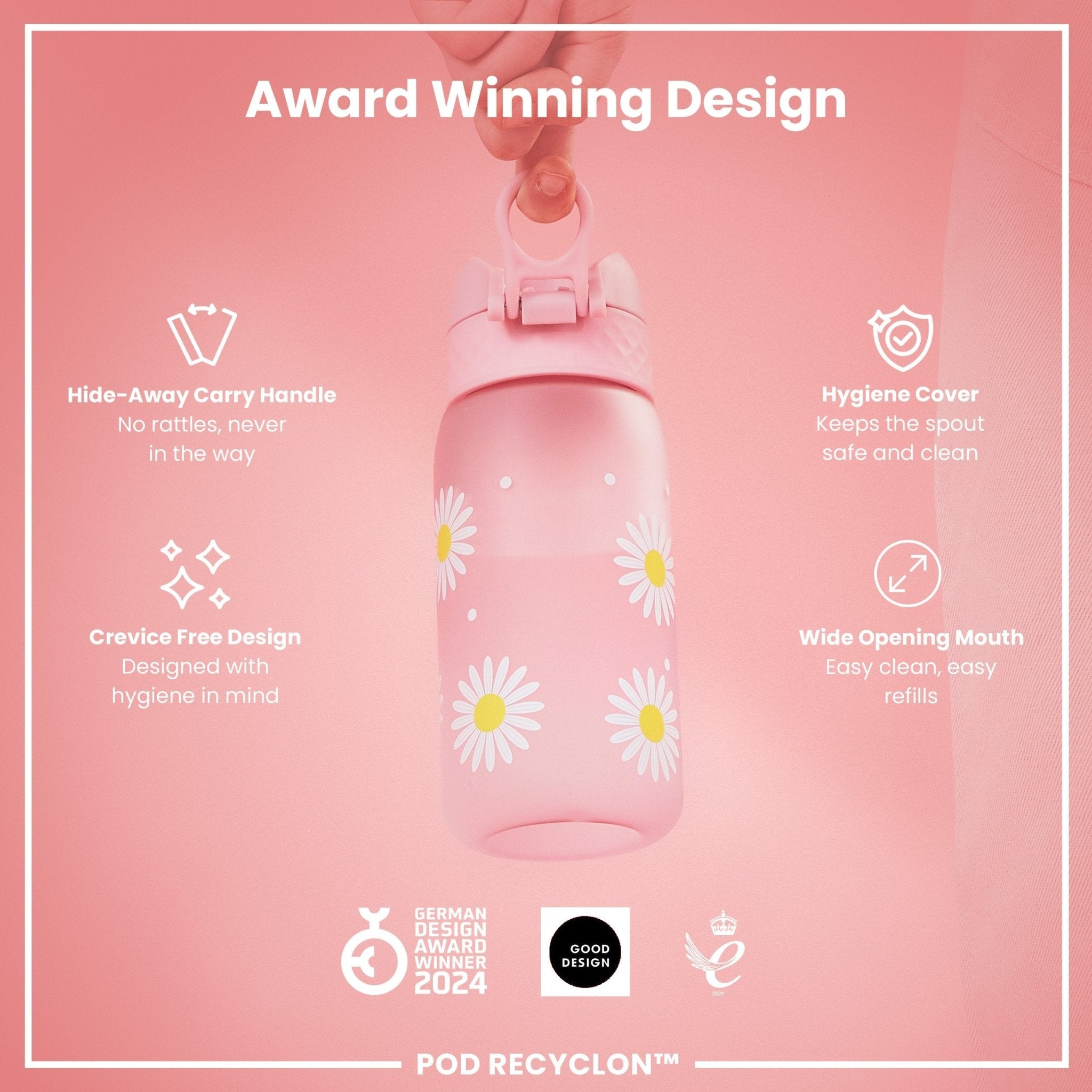 ION8 Recyclon leak-proof kids water bottle with daisies design, 350ml (12oz), made of durable, recyclable materials.