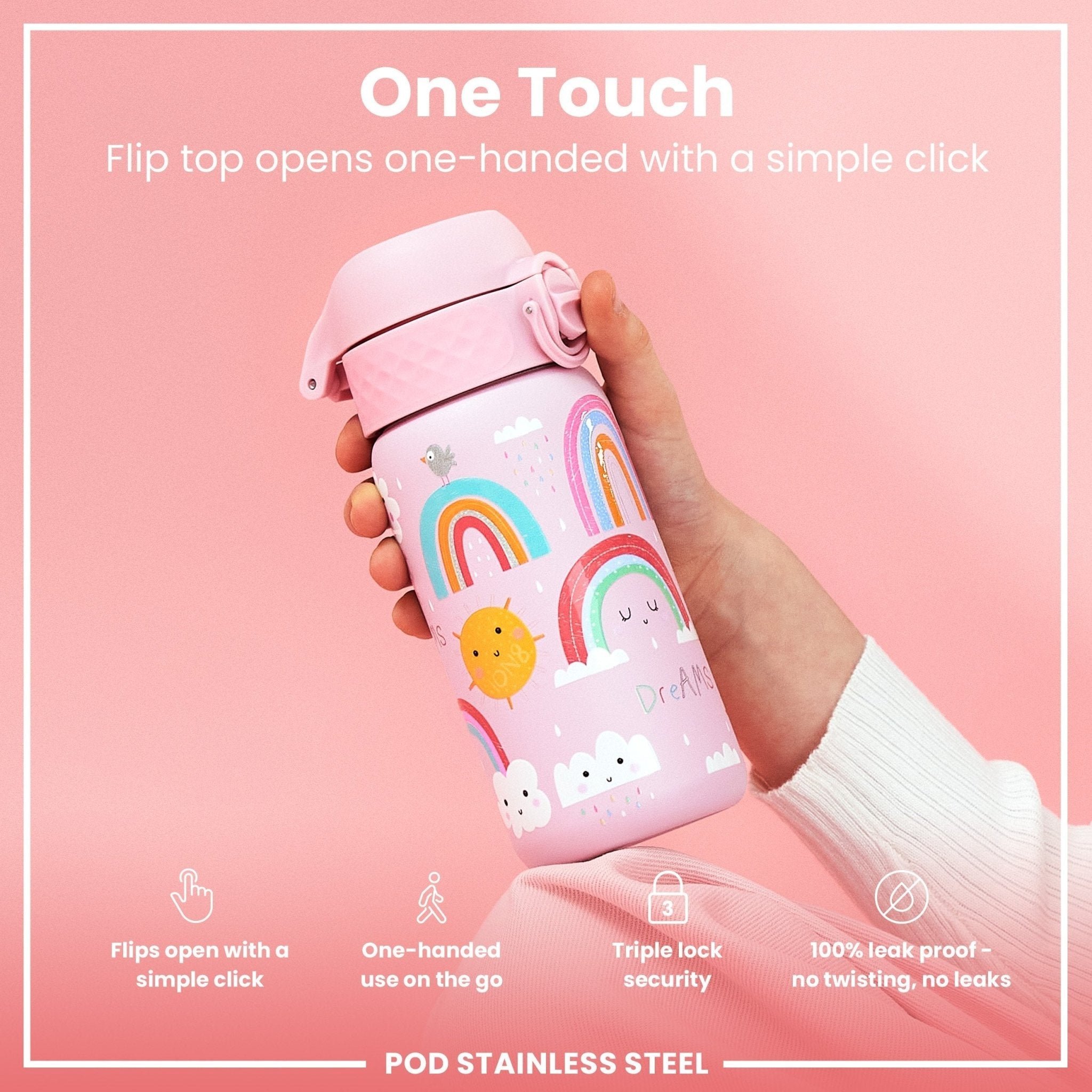 Stainless steel leak-proof kids water bottle with rainbow design, 400ml capacity, by ION8, featuring a colorful, durable water container.