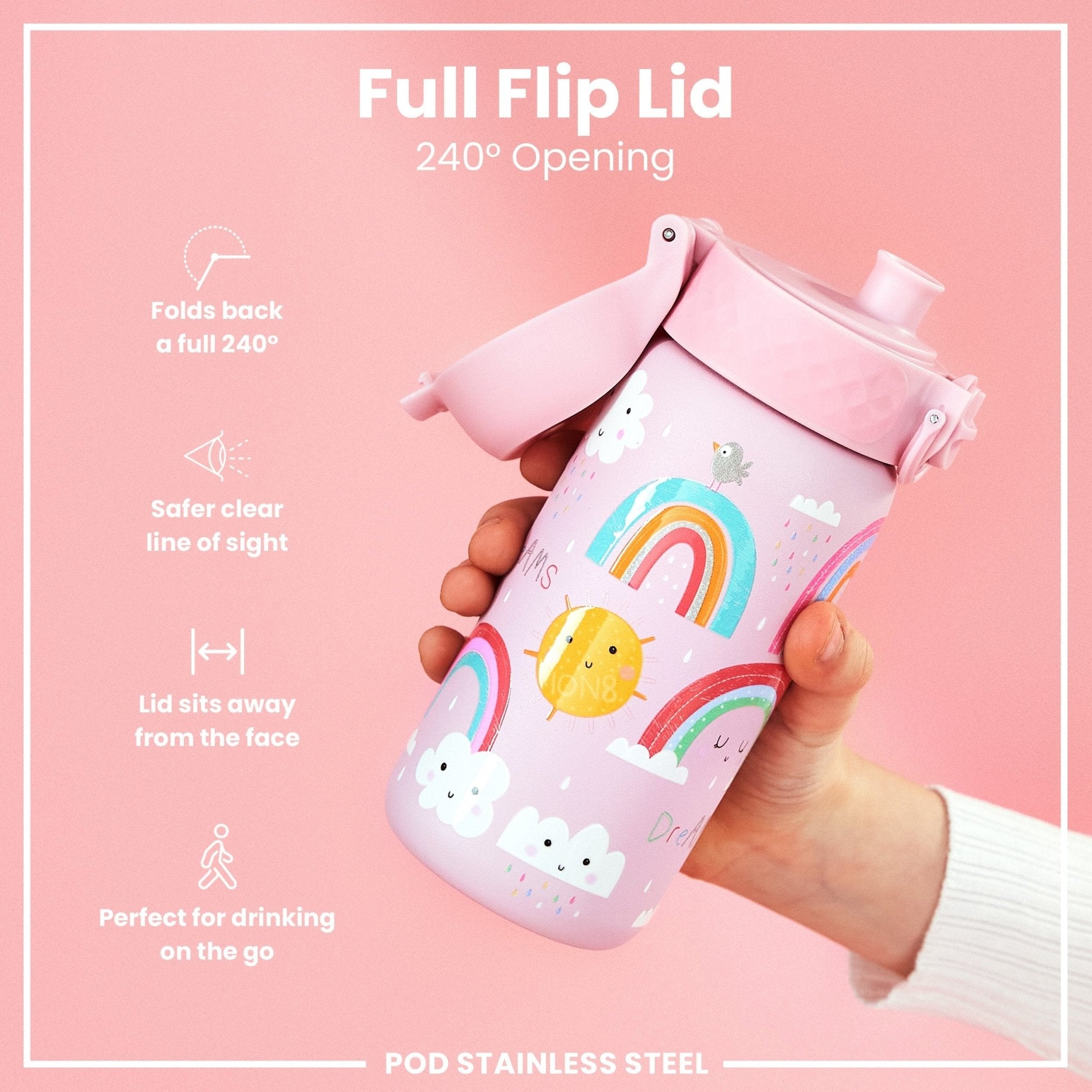 Stainless steel leak-proof kids water bottle with rainbow design, 400ml capacity, by ION8, featuring a secure lid and colorful pattern.