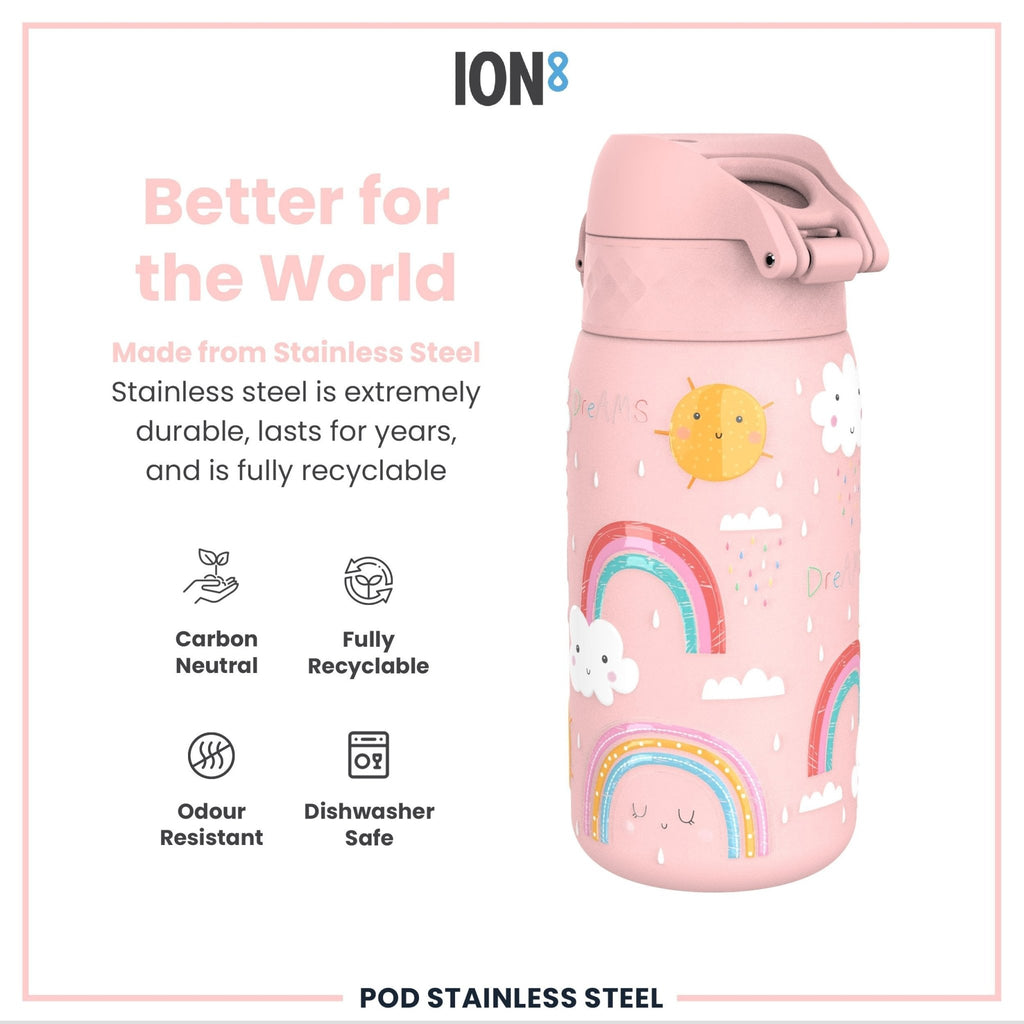 Leak-proof kids stainless steel water bottle with rainbow design, 400ml capacity by ION8.