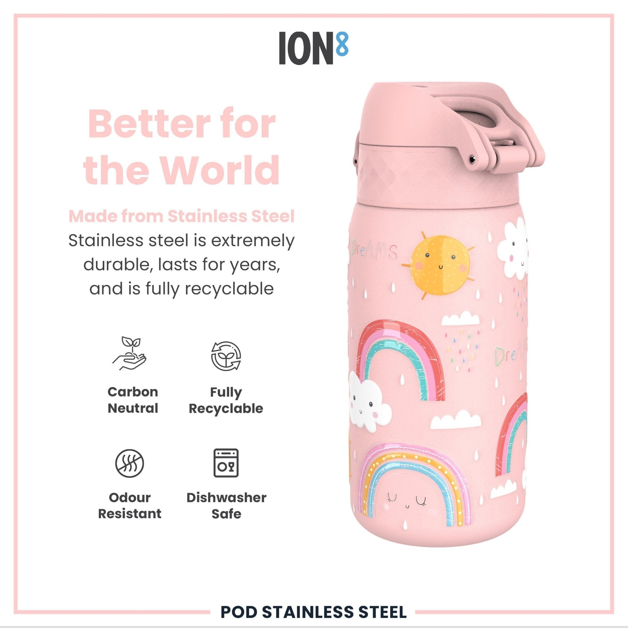 Leak-proof kids stainless steel water bottle with rainbow design, 400ml capacity by ION8.