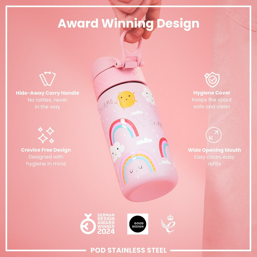 Ion8 stainless steel leak-proof kids water bottle with rainbow design, 400ml capacity, durable and suitable for children