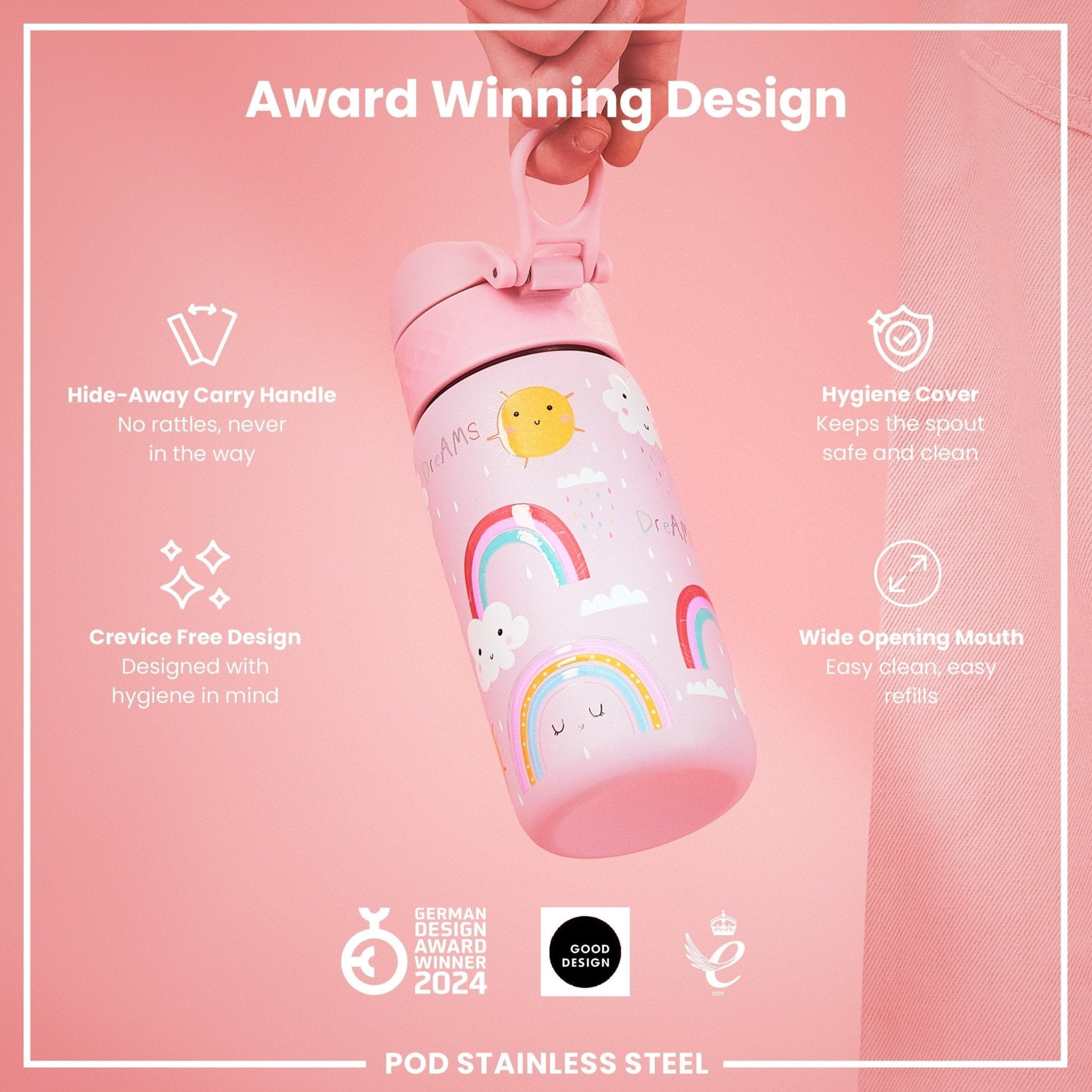 Ion8 stainless steel leak-proof kids water bottle with rainbow design, 400ml capacity, durable and suitable for children