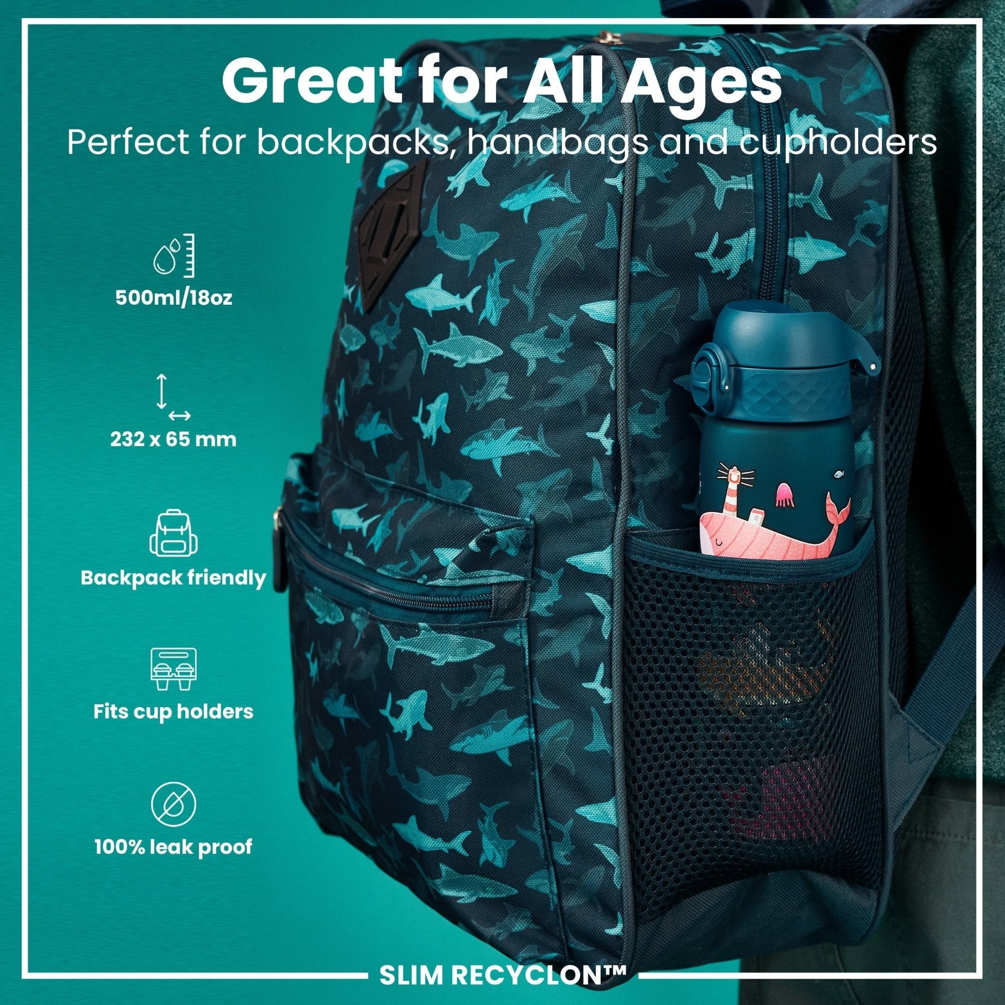 Ion8 Leak-Proof Slim Water Bottle with whale design, 500ml Recyclon water bottle, durable and eco-friendly hydration container