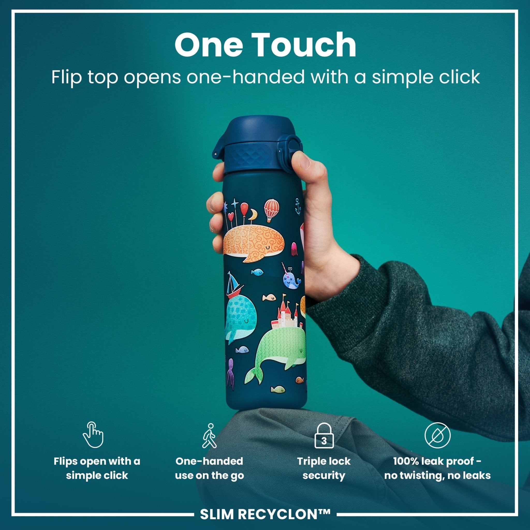 Recyclon ION8 leak-proof slim water bottle with whale design, 500ml (18oz), made of recyclable material, with a secure screw lid.