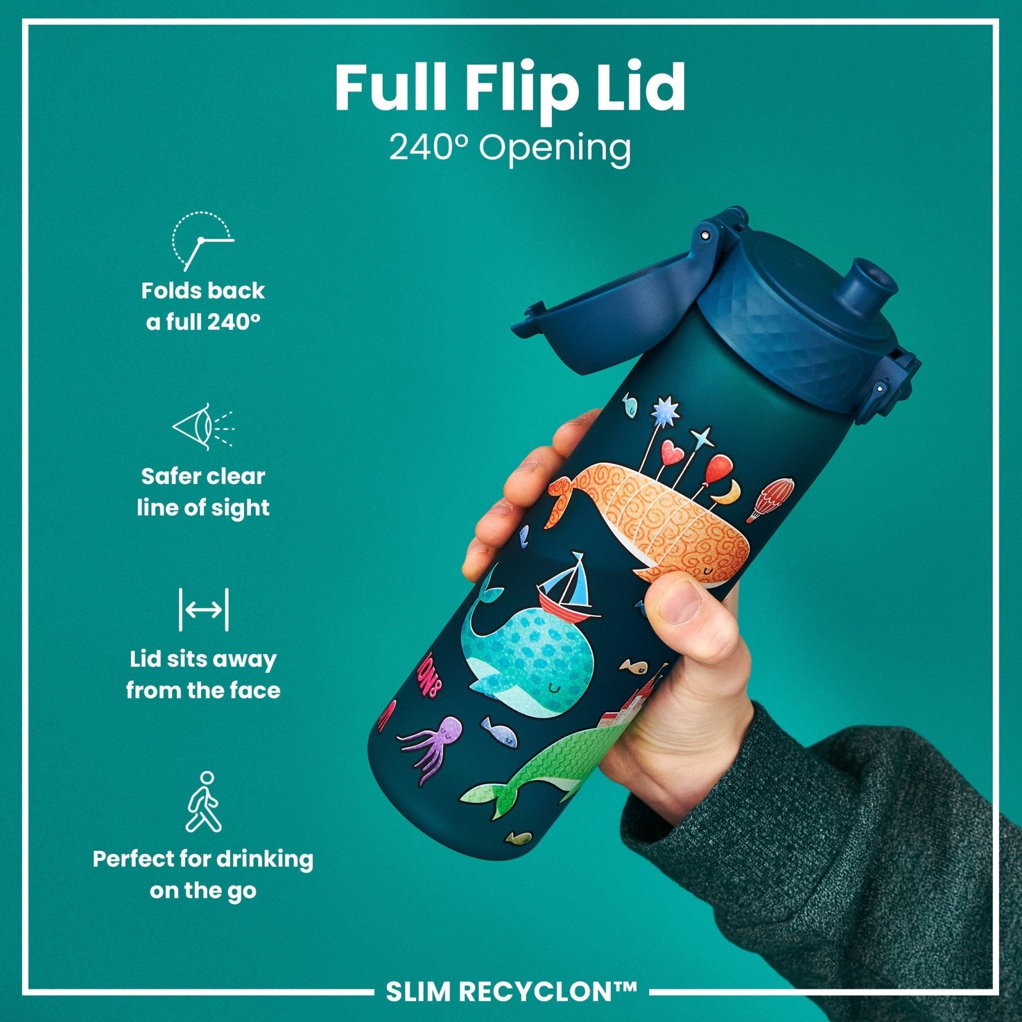 ION8 Recyclon leak-proof slim water bottle with whale design, 500ml (18oz), made from recyclable materials, shown on white background.