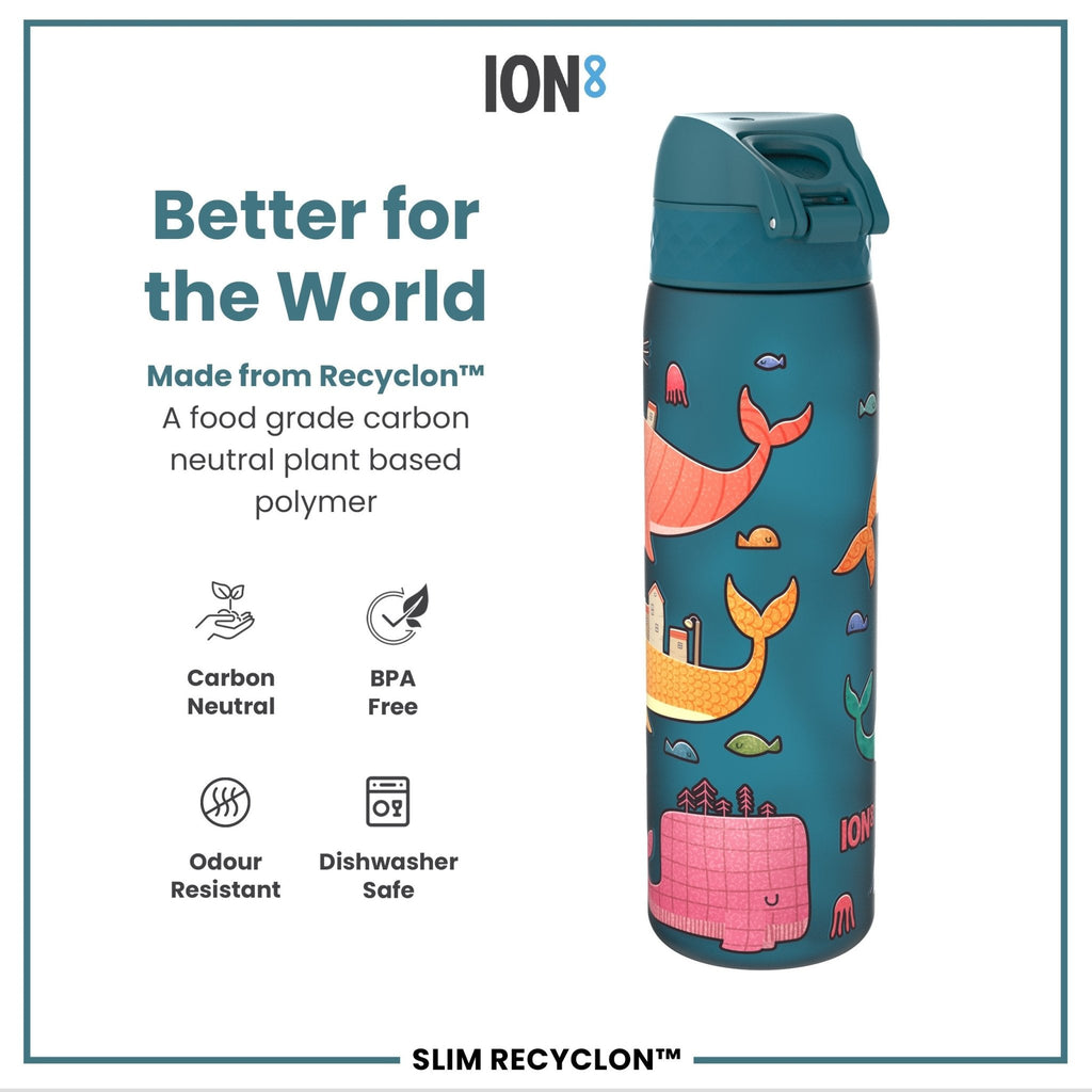 Ion8 Leak Proof Slim Water Bottle with whale design, 500ml Recyclon water bottle, lightweight and reusable.