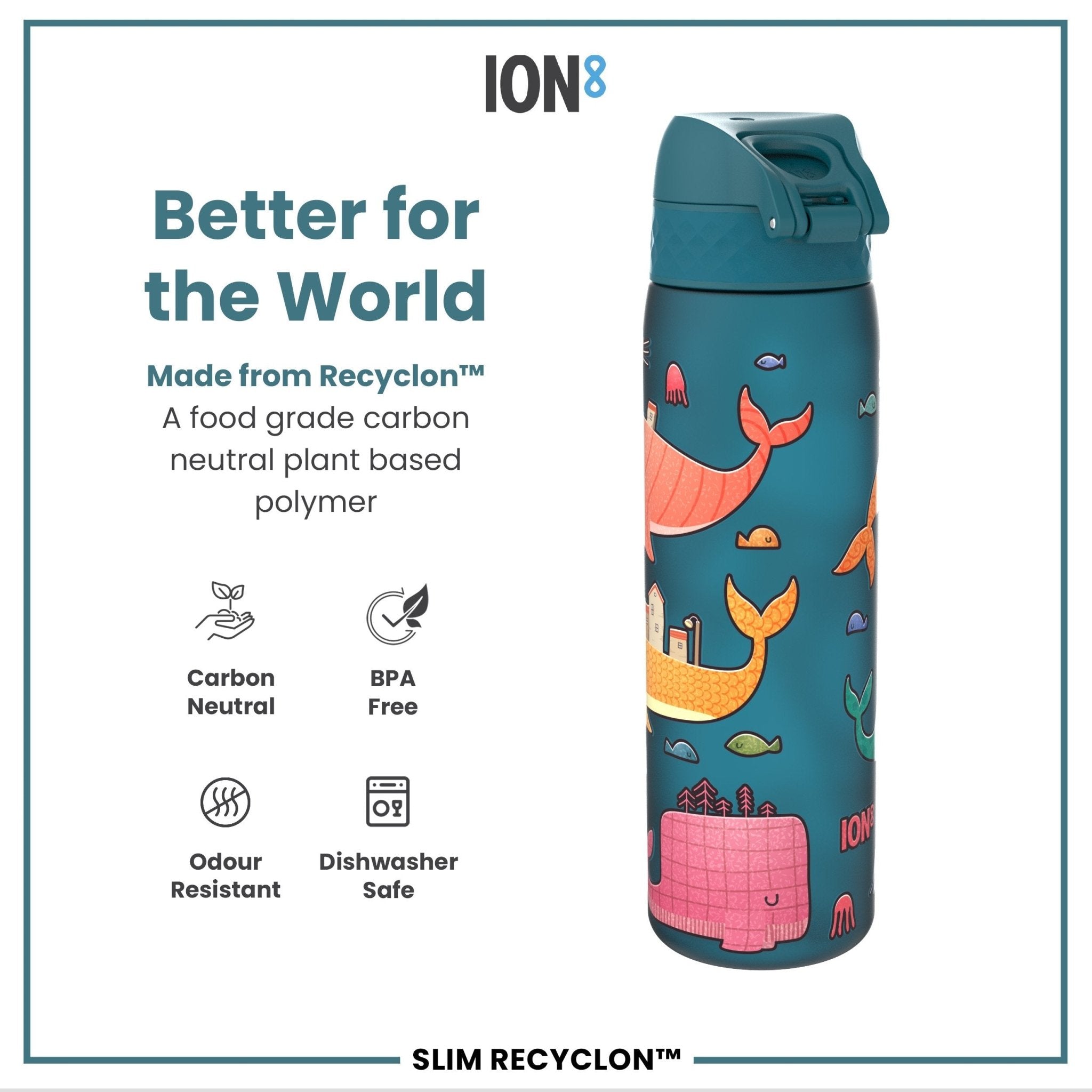 Ion8 Leak Proof Slim Water Bottle with whale design, 500ml Recyclon water bottle, lightweight and reusable.