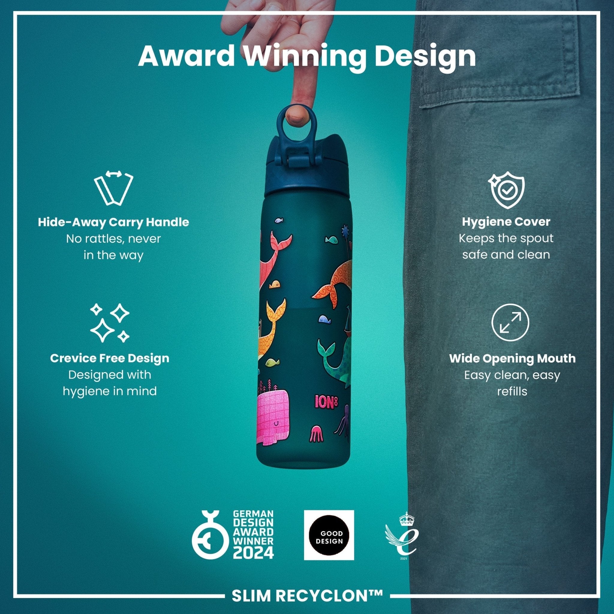 Ion8 Leak Proof Slim Water Bottle with whale design, 500ml (18oz), made from recyclable materials, durable and portable.