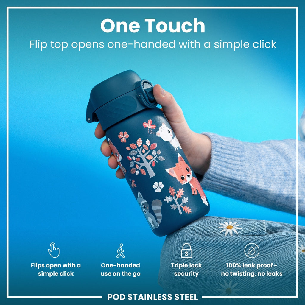 ION8 leak-proof kids stainless steel water bottle featuring forest animal designs and a 400ml capacity.