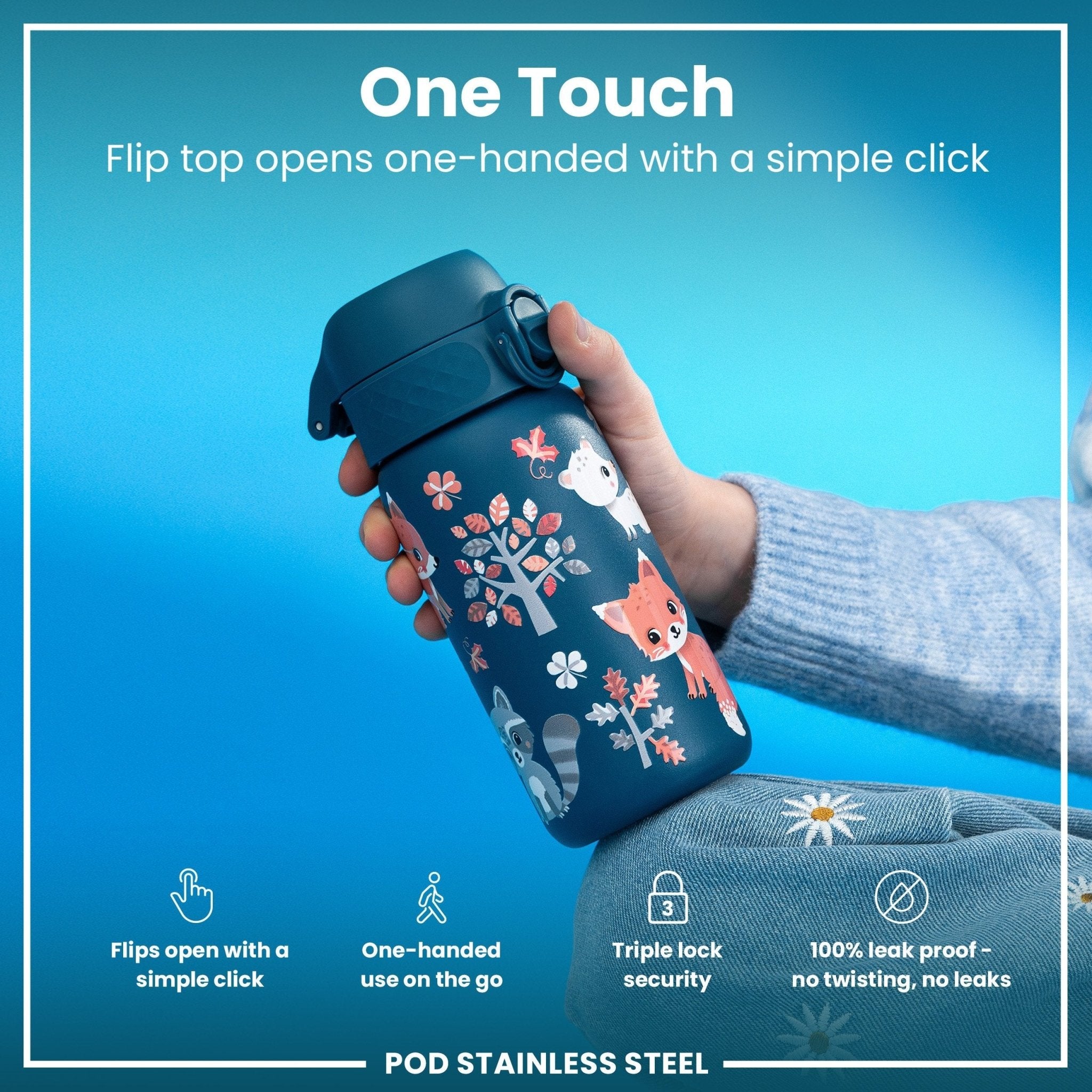 ION8 leak-proof kids stainless steel water bottle featuring forest animal designs and a 400ml capacity.