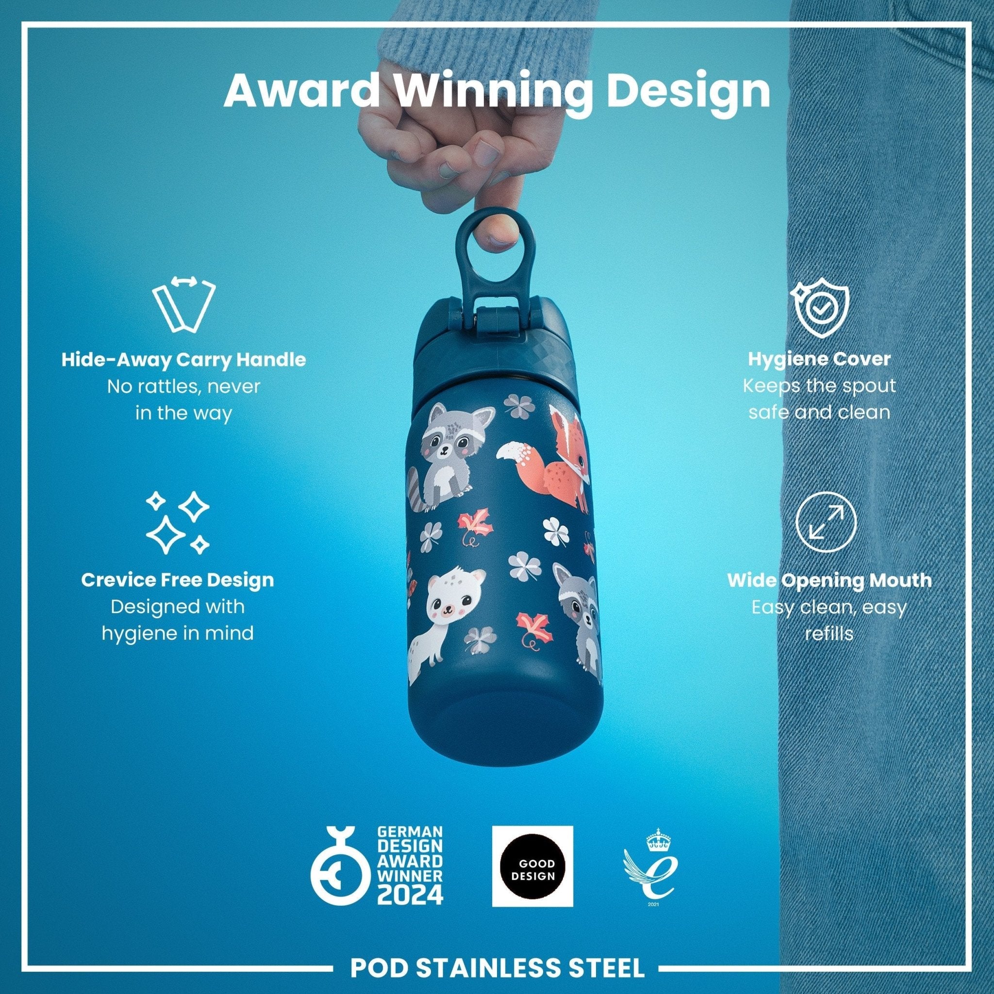 ION8 stainless steel kids water bottle with forest animal design, 400ml leak-proof water bottle for children