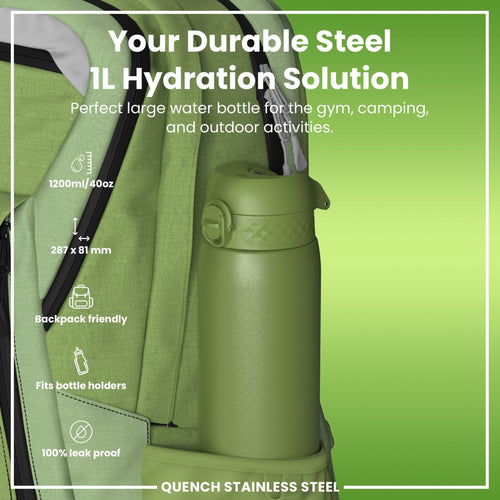 Ion8 stainless steel leak-proof 1L water bottle in khaki green, durable and portable for outdoor and daily hydration.