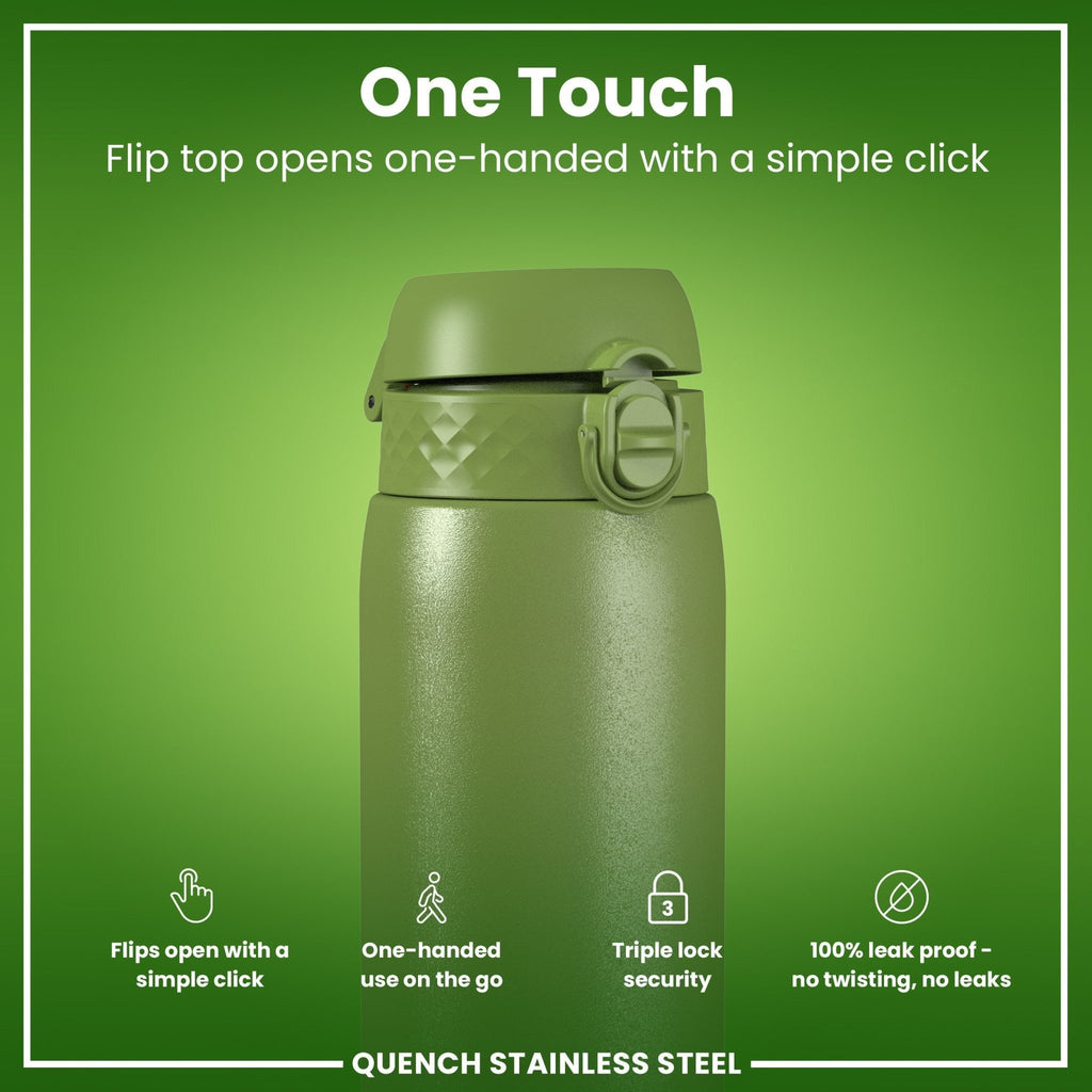 Ion8 leak-proof 1L stainless steel water bottle in khaki green, durable and eco-friendly for everyday hydration.