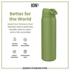 ION8 stainless steel 1L water bottle in khaki green, leak-proof design, ideal for outdoor and daily hydration.