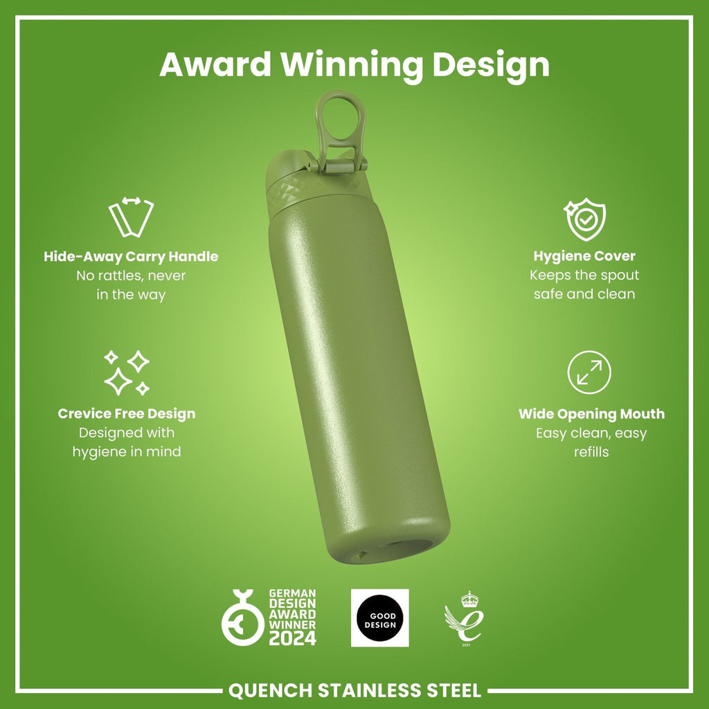 Ion8 steel water bottle in khaki green, 1 liter leak-proof stainless steel bottle with secure cap and sleek design.