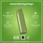 Ion8 steel water bottle in khaki green, 1 liter leak-proof stainless steel bottle with secure cap and sleek design.