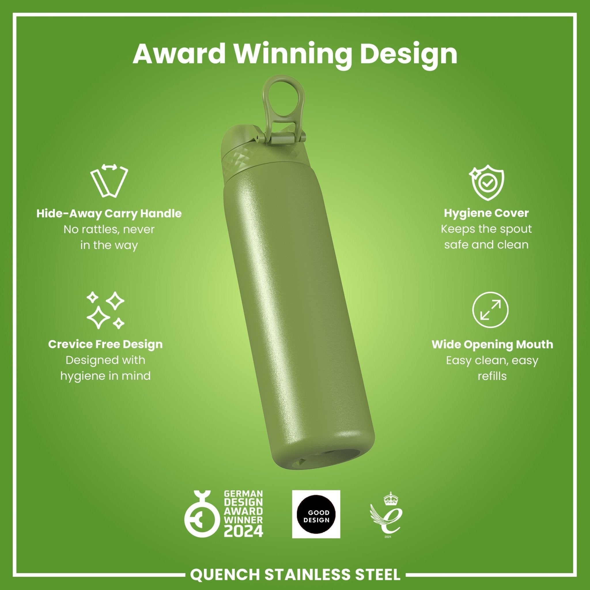 Ion8 steel water bottle in khaki green, 1 liter leak-proof stainless steel bottle with secure cap and sleek design.