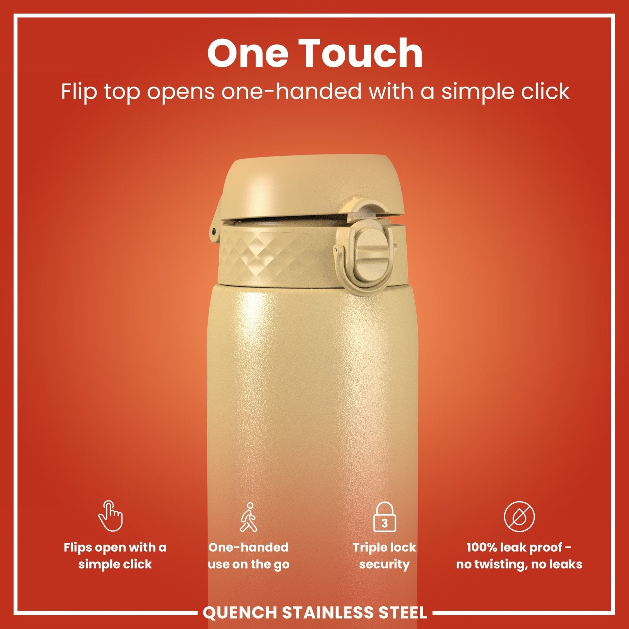 ION8 stainless steel 1L water bottle with leak-proof design in desert color, ideal for hydration on the go.