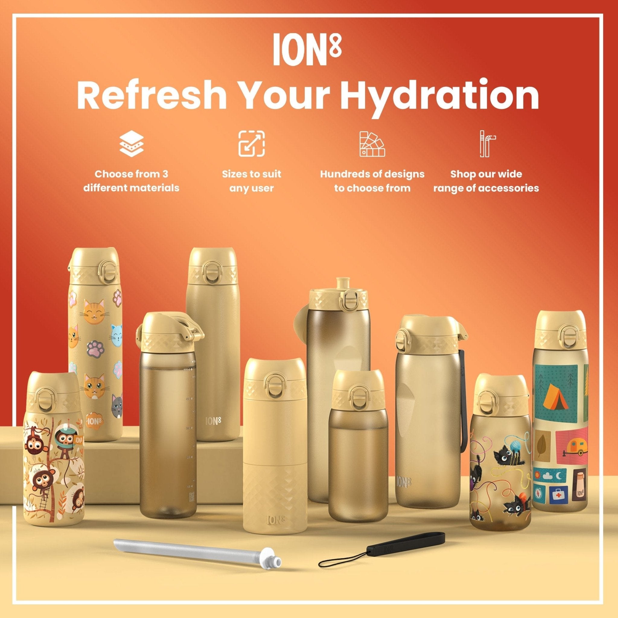 Ion8 stainless steel 1-liter water bottle in desert color, leak-proof design, ideal for outdoor hydration.