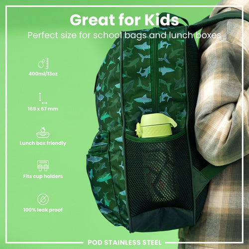 Ion8 stainless steel leak-proof water bottle with car design, 400ml capacity, durable and portable for on-the-go hydration.
