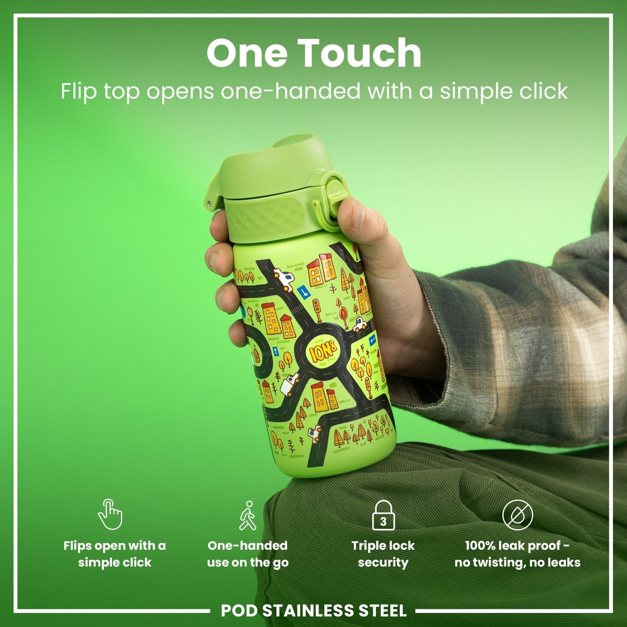 Ion8 leak-proof stainless steel water bottle with car design, 400ml capacity, durable and portable for on-the-go hydration.