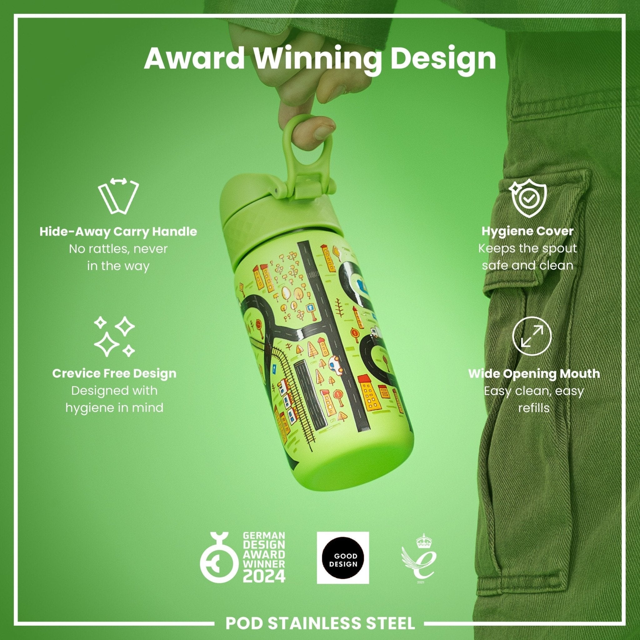 ION8 stainless steel leak-proof water bottle with car design, 400ml capacity, durable and portable for on-the-go hydration.