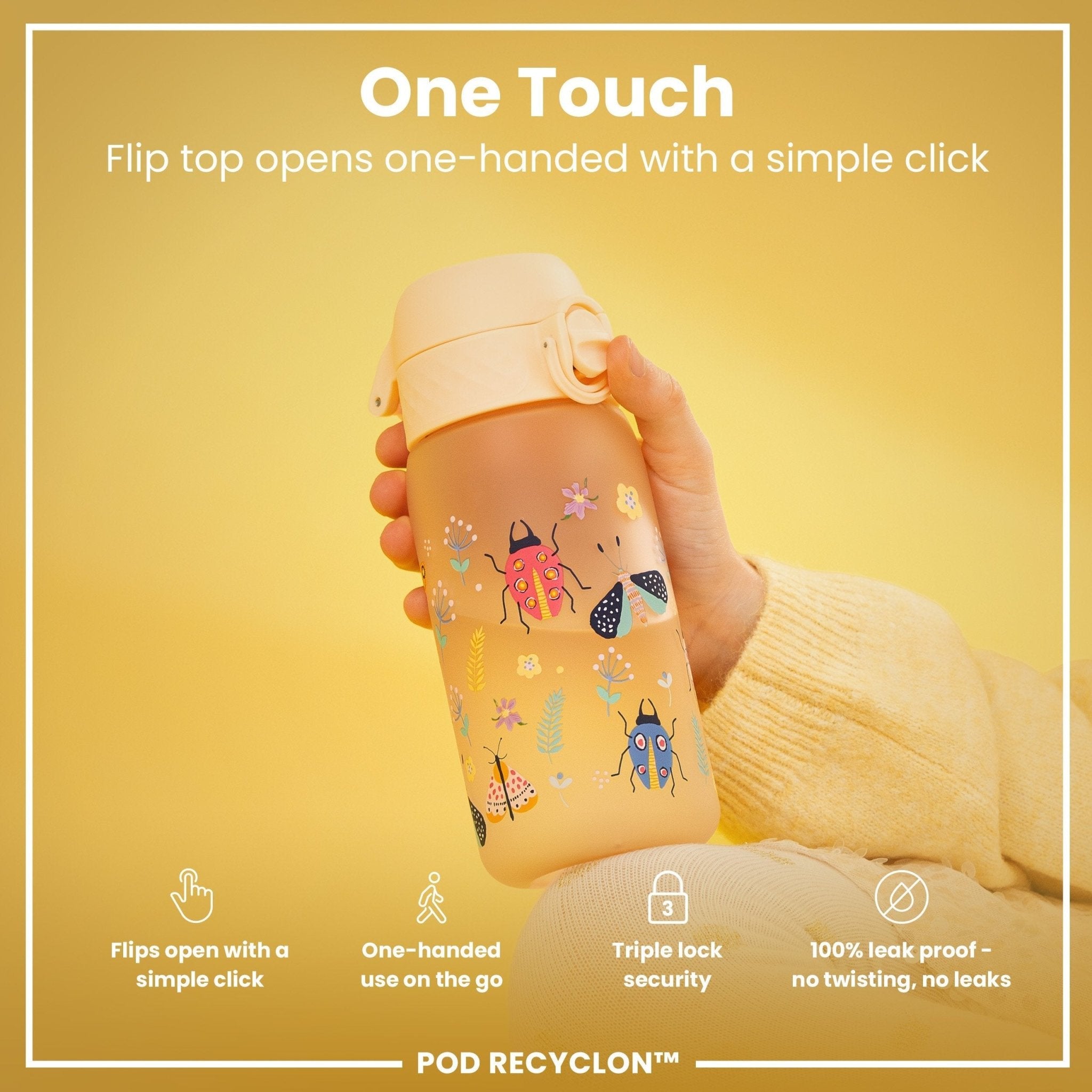 Ion8 Recyclon leak-proof kids water bottle with Bugs Life design, 350ml capacity, durable plastic, and secure lid.