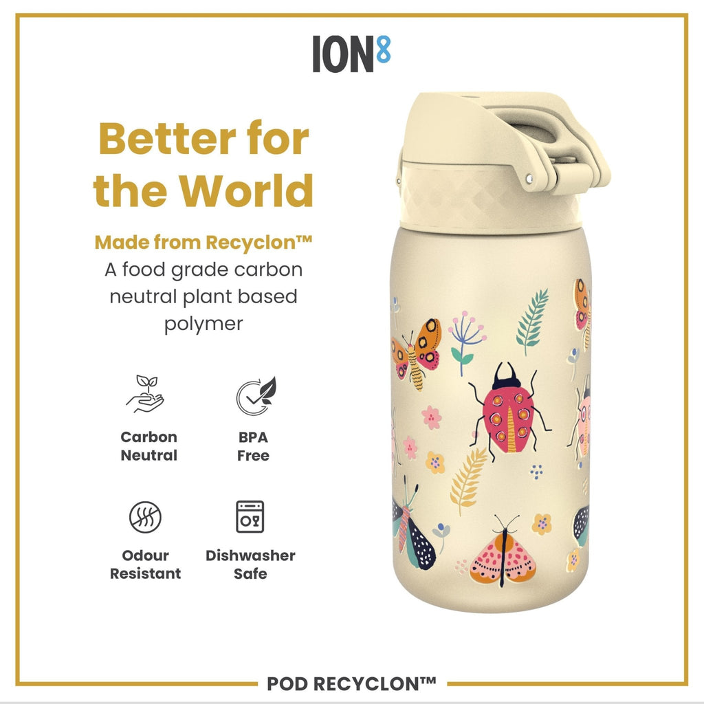 Ion8 Recyclon leak-proof kids water bottle featuring Bugs Life design, 350ml capacity, made of durable recyclable materials.