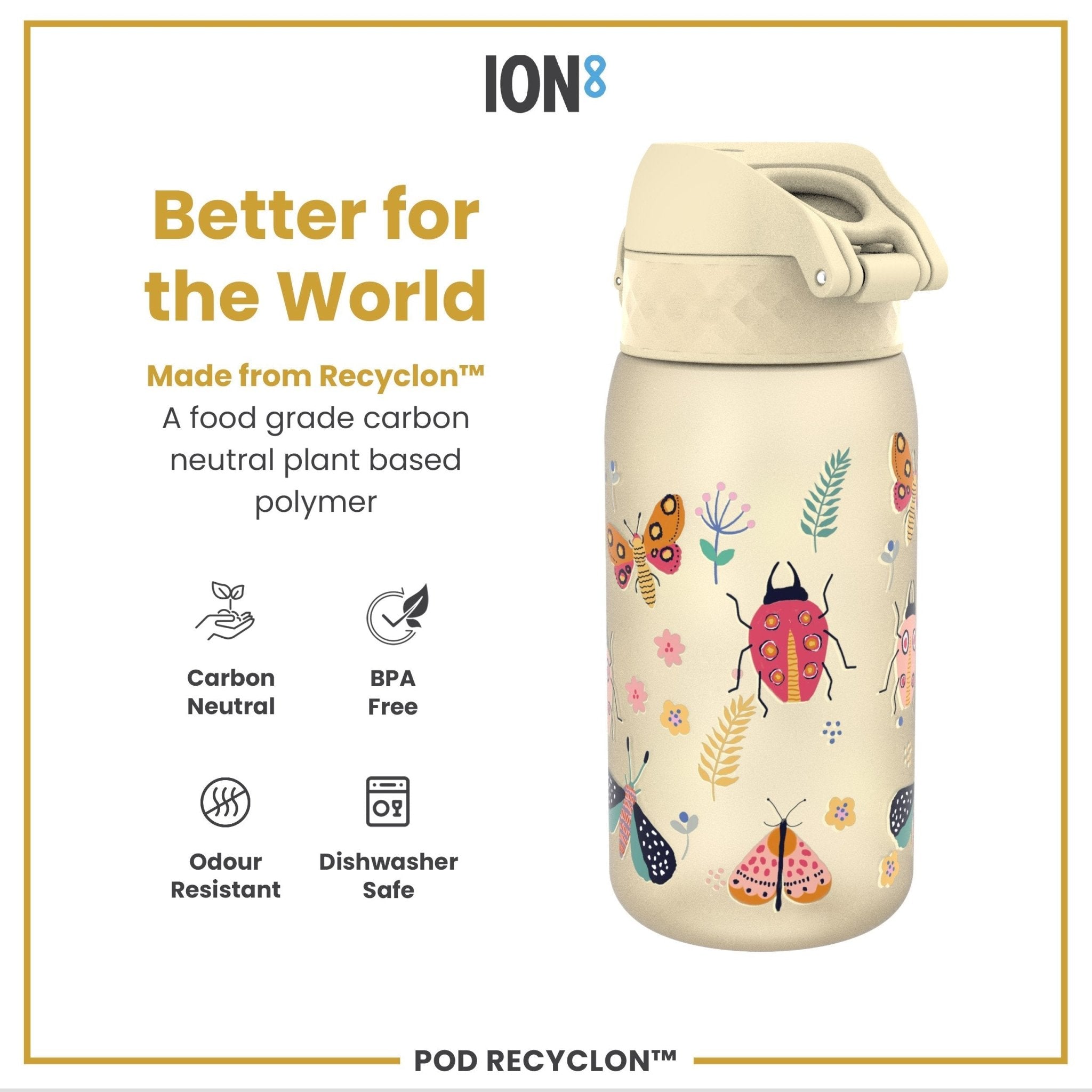 Ion8 Recyclon leak-proof kids water bottle featuring Bugs Life design, 350ml capacity, made of durable recyclable materials.
