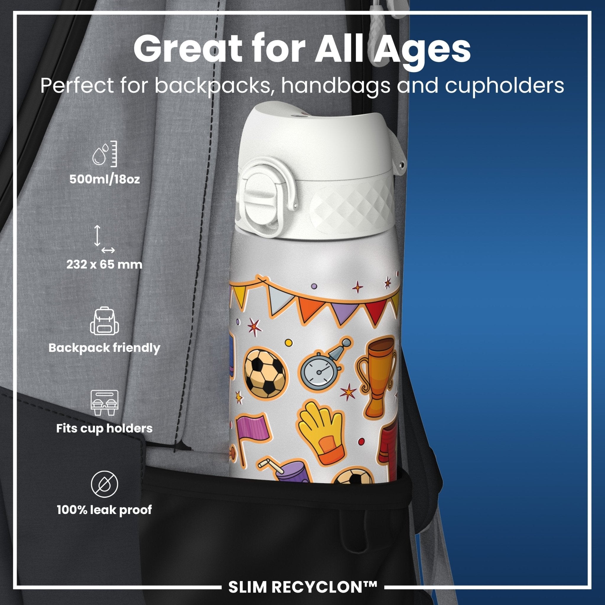 Ion8 Leak Proof Slim Water Bottle with football design, 500ml recyclable Recyclon water bottle on a white background.