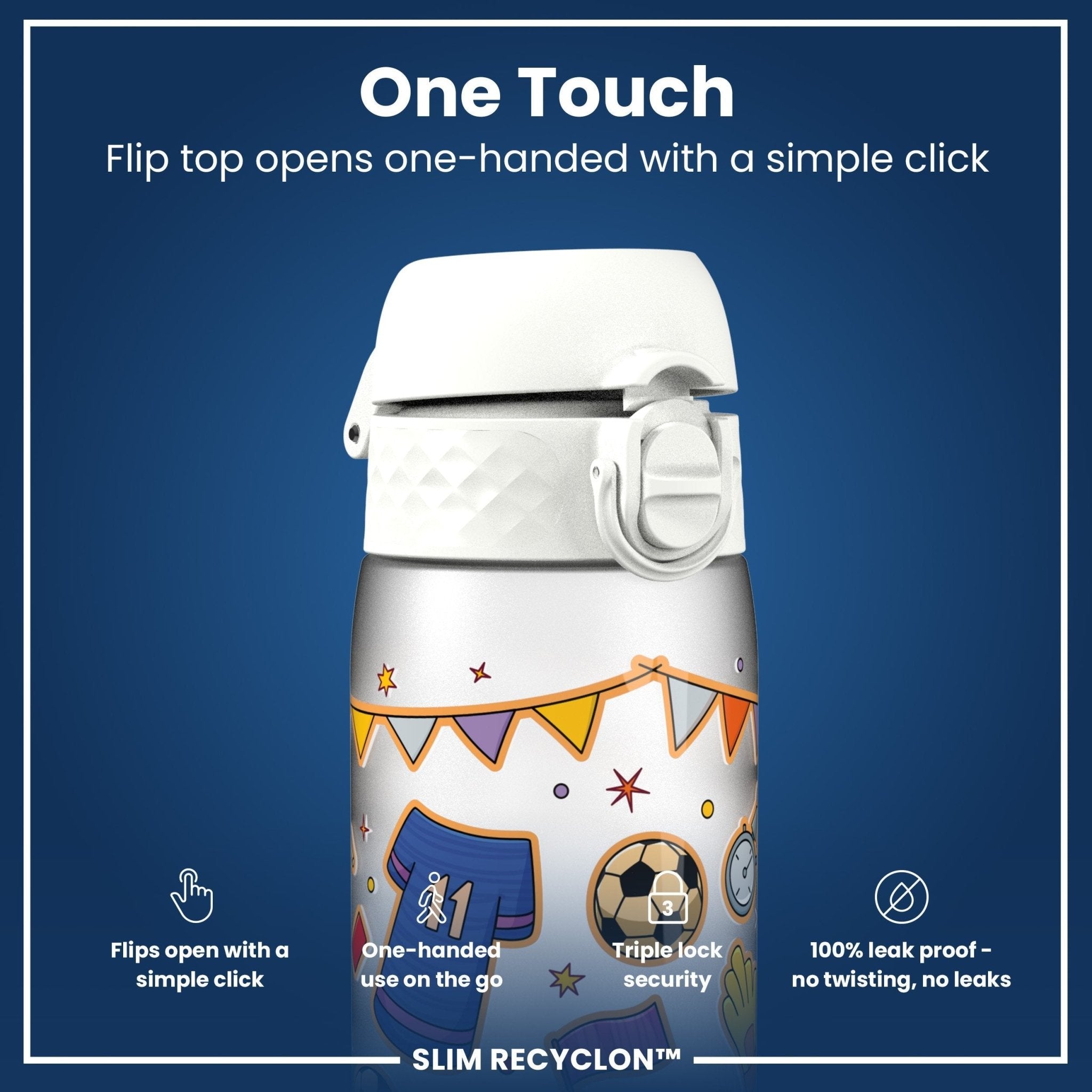 ION8 Recyclon leak-proof slim water bottle with football design, 500ml (18oz), made of recyclable materials.