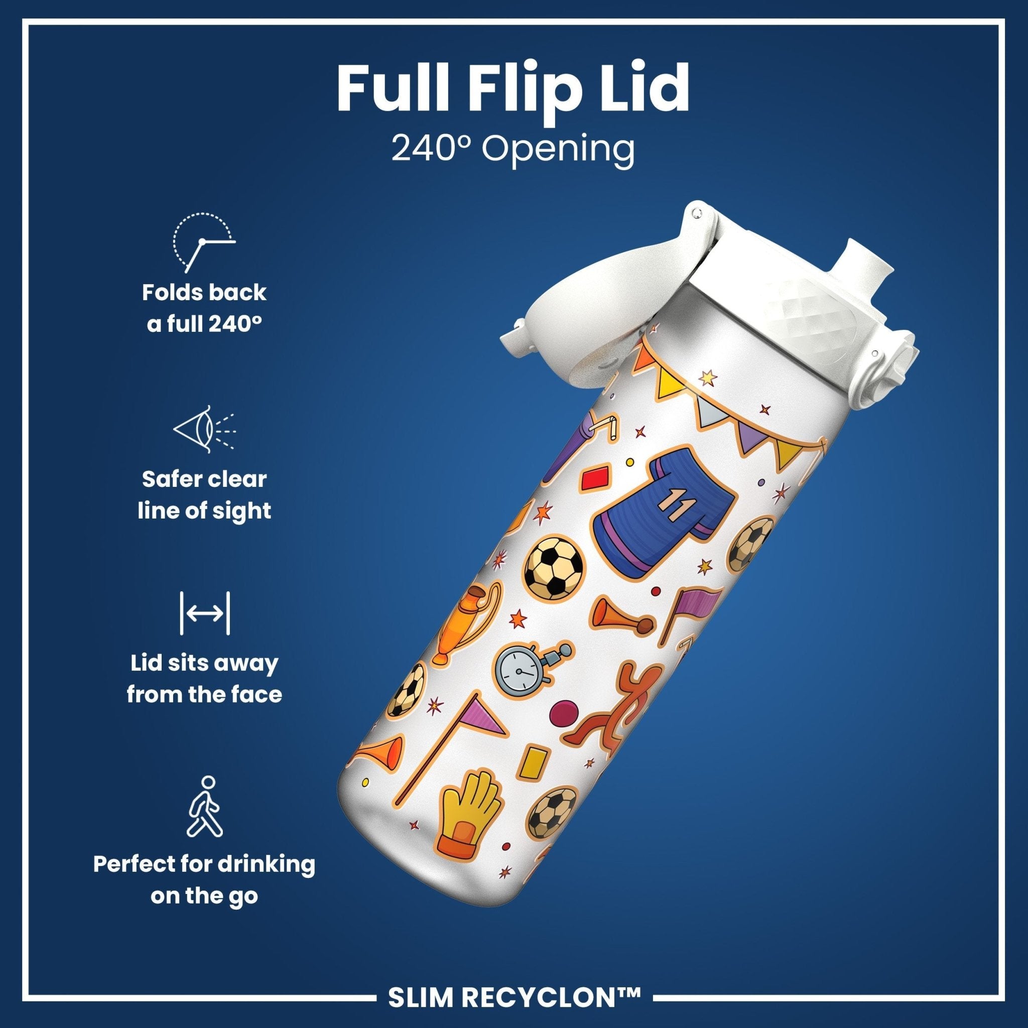 ION8 Recyclon leak-proof slim water bottle with football design, 500ml (18oz), made of recyclable materials.