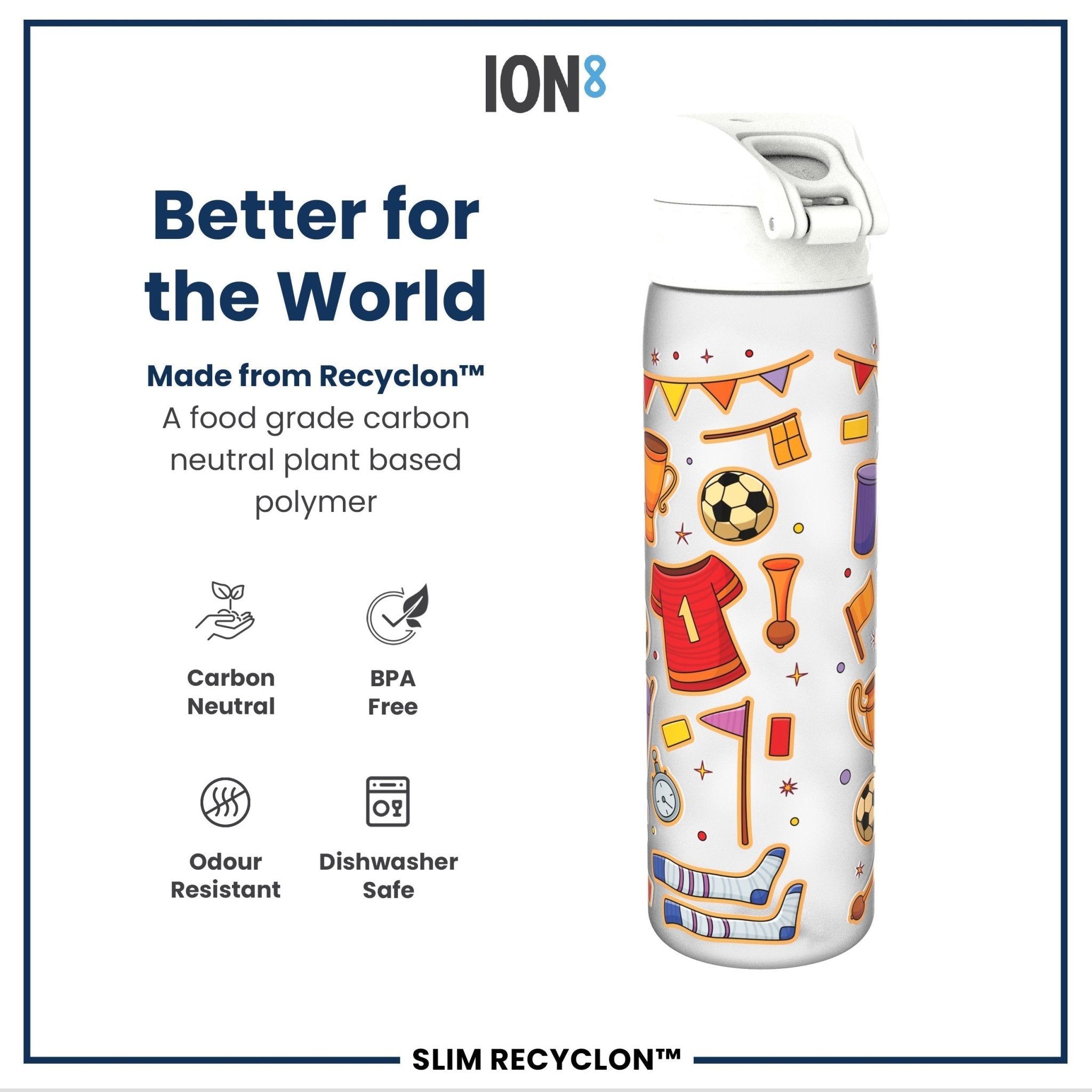 ION8 Recyclon leak-proof slim water bottle with football design, 500ml (18oz) size, made for easy hydration on the go.