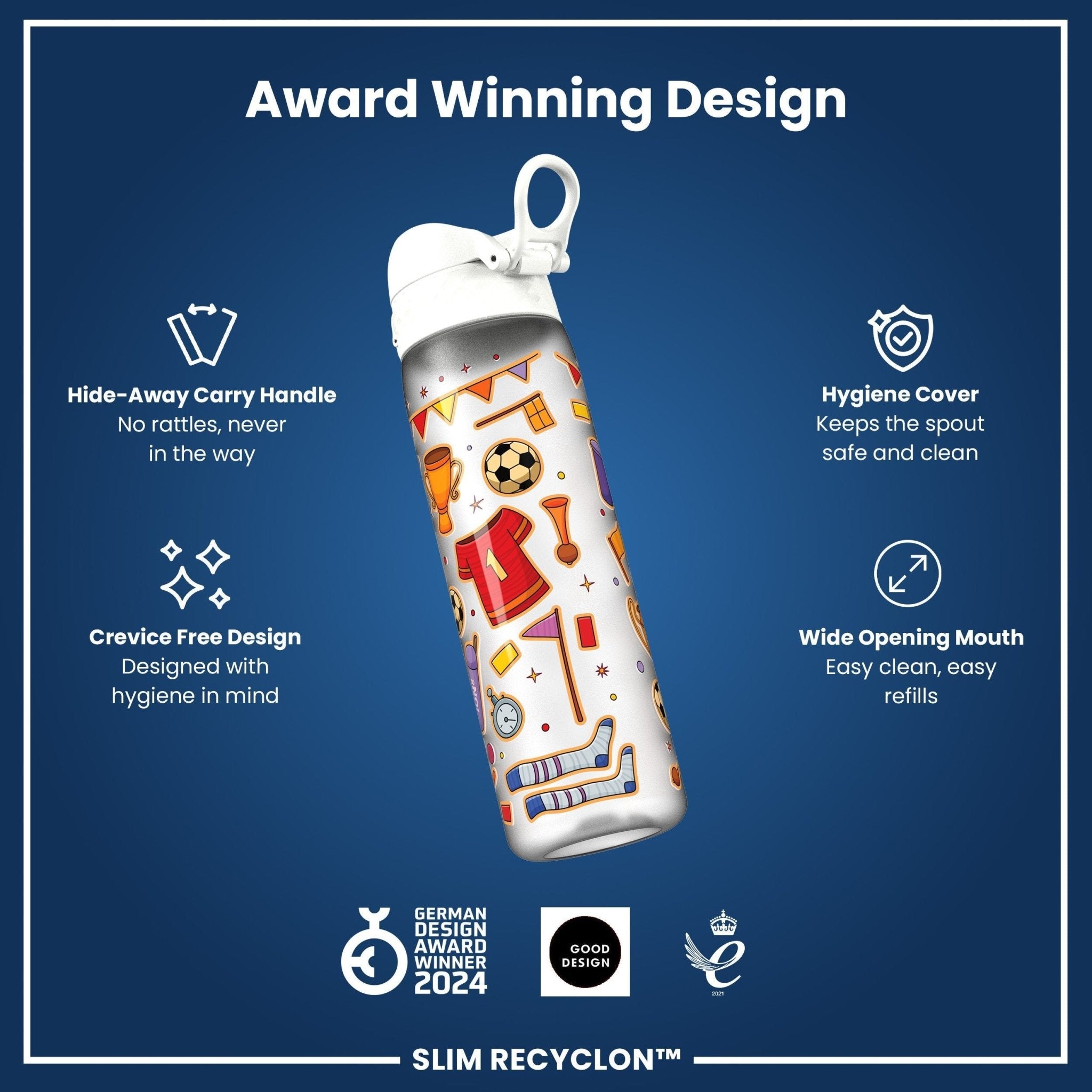 Ion8 Leak Proof Slim Water Bottle with football design, 500ml (18oz), durable Recyclon material, perfect for sports and hydration.