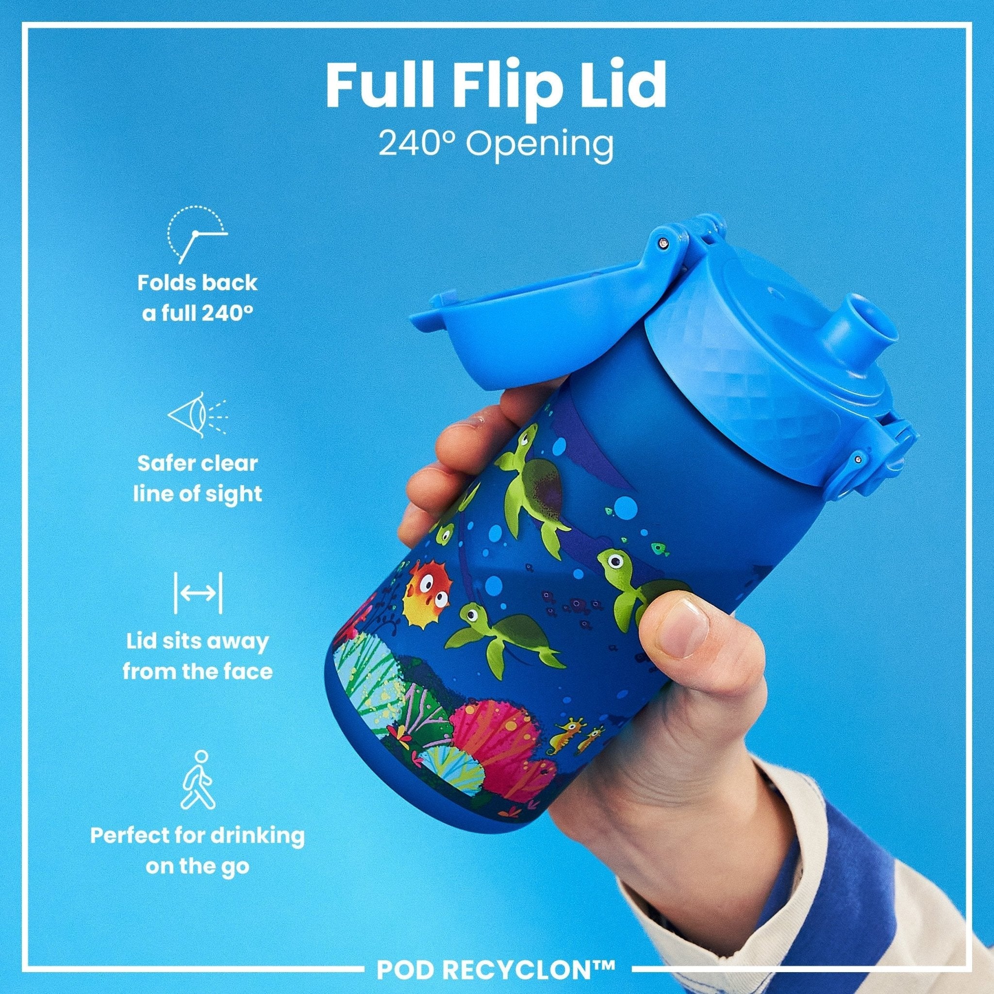 ION8 Recyclon leak-proof kids water bottle with sea turtle design, 350ml (12oz), made from recyclable materials.